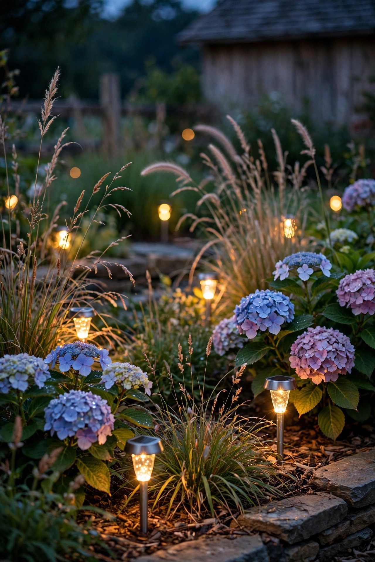 Warm solar stake lights sparkling among hydrangeas and grasses in a farmhouse garden bed at dusk