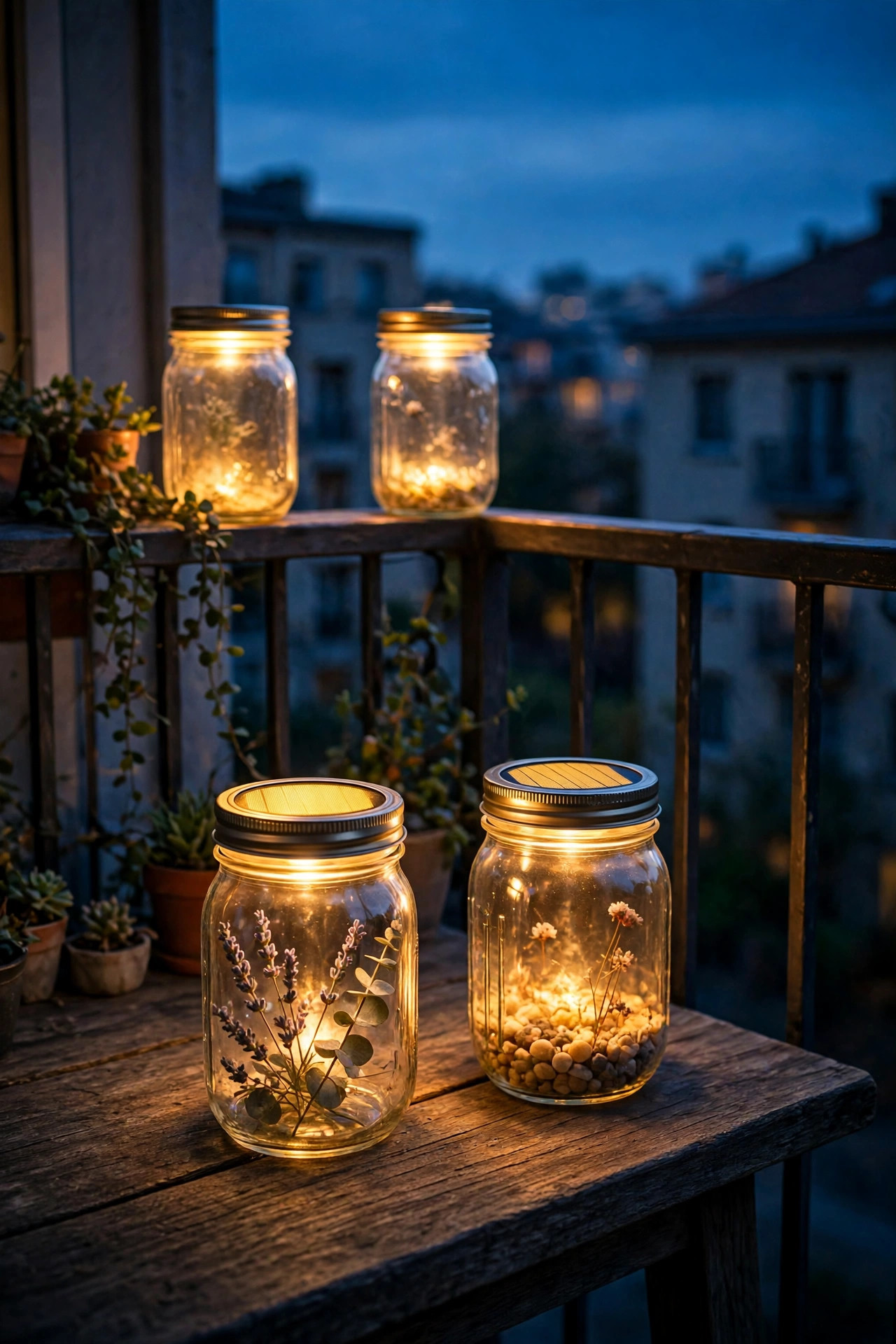 Mason jars with solar lids glowing warmly on an apartment balcony table and railing ledge at dusk