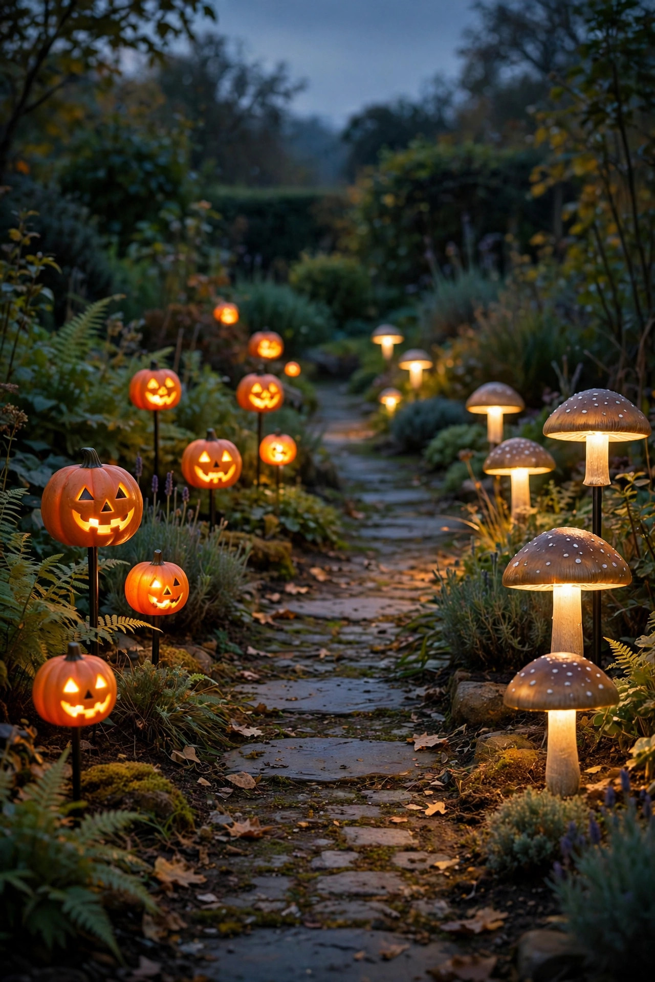 Solar pumpkin and mushroom stake lights glowing along a garden path at dusk