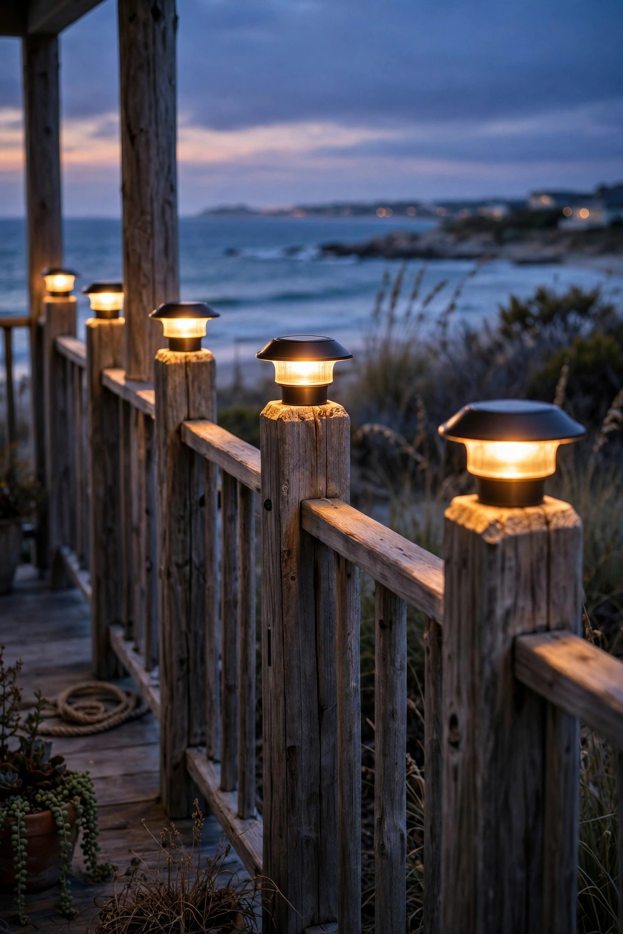 Solar post caps glowing on coastal porch railing posts at dusk