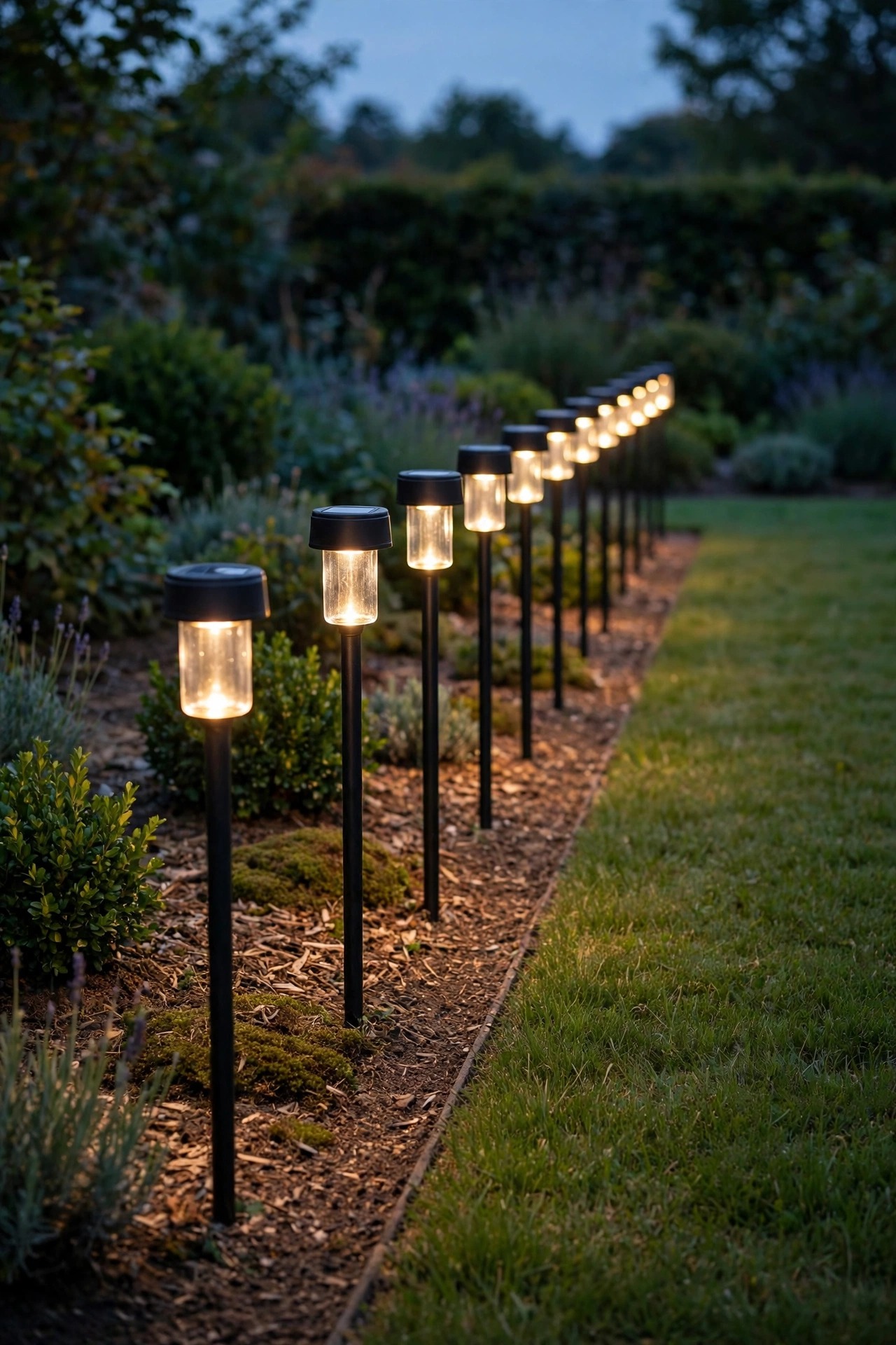 Identical solar stake lights in one straight evenly spaced line along a garden edge at dusk with a warm uniform glow and minimalist order
