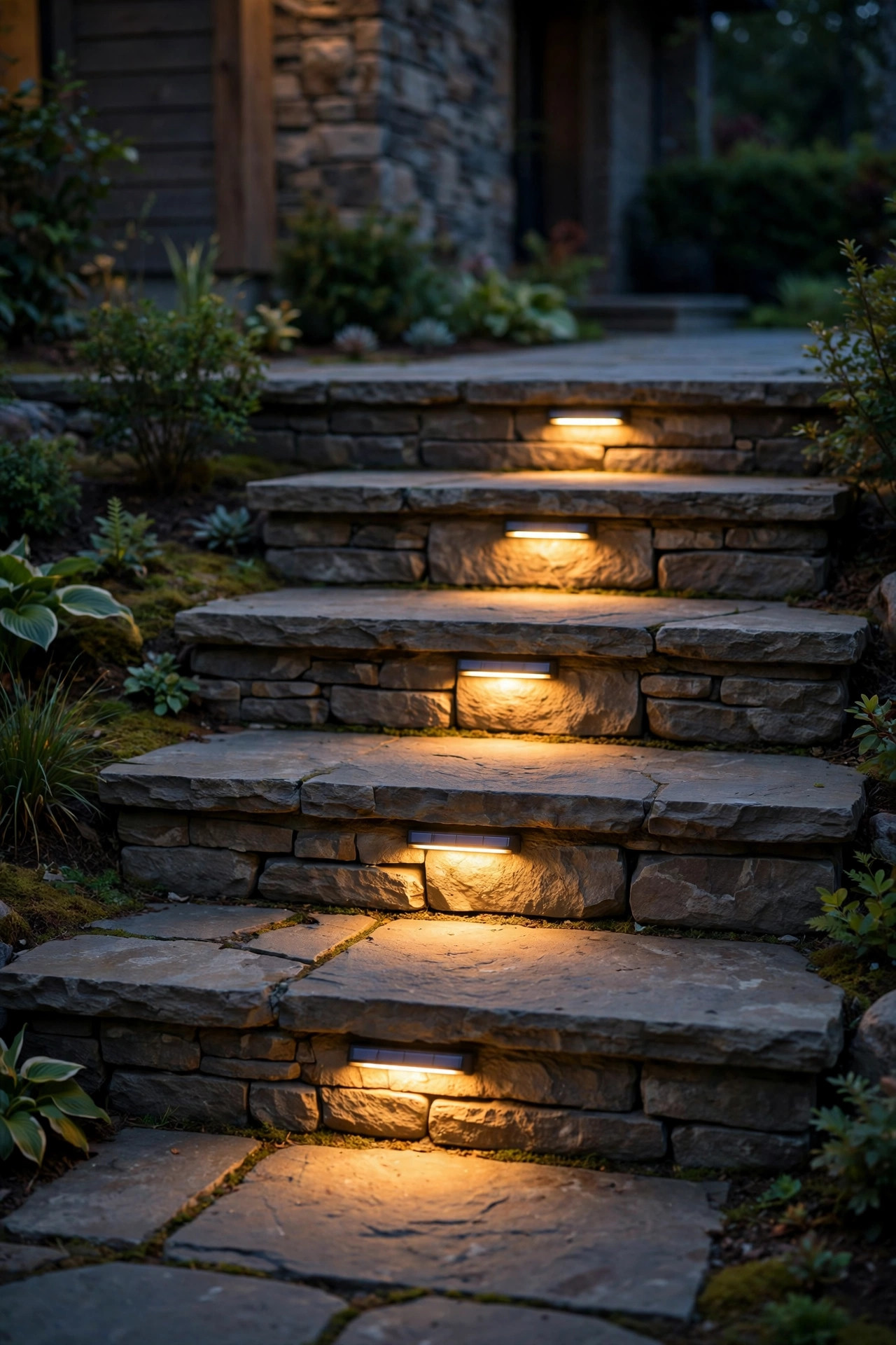 Low-profile solar step lights washing warm light down across stone walkway steps