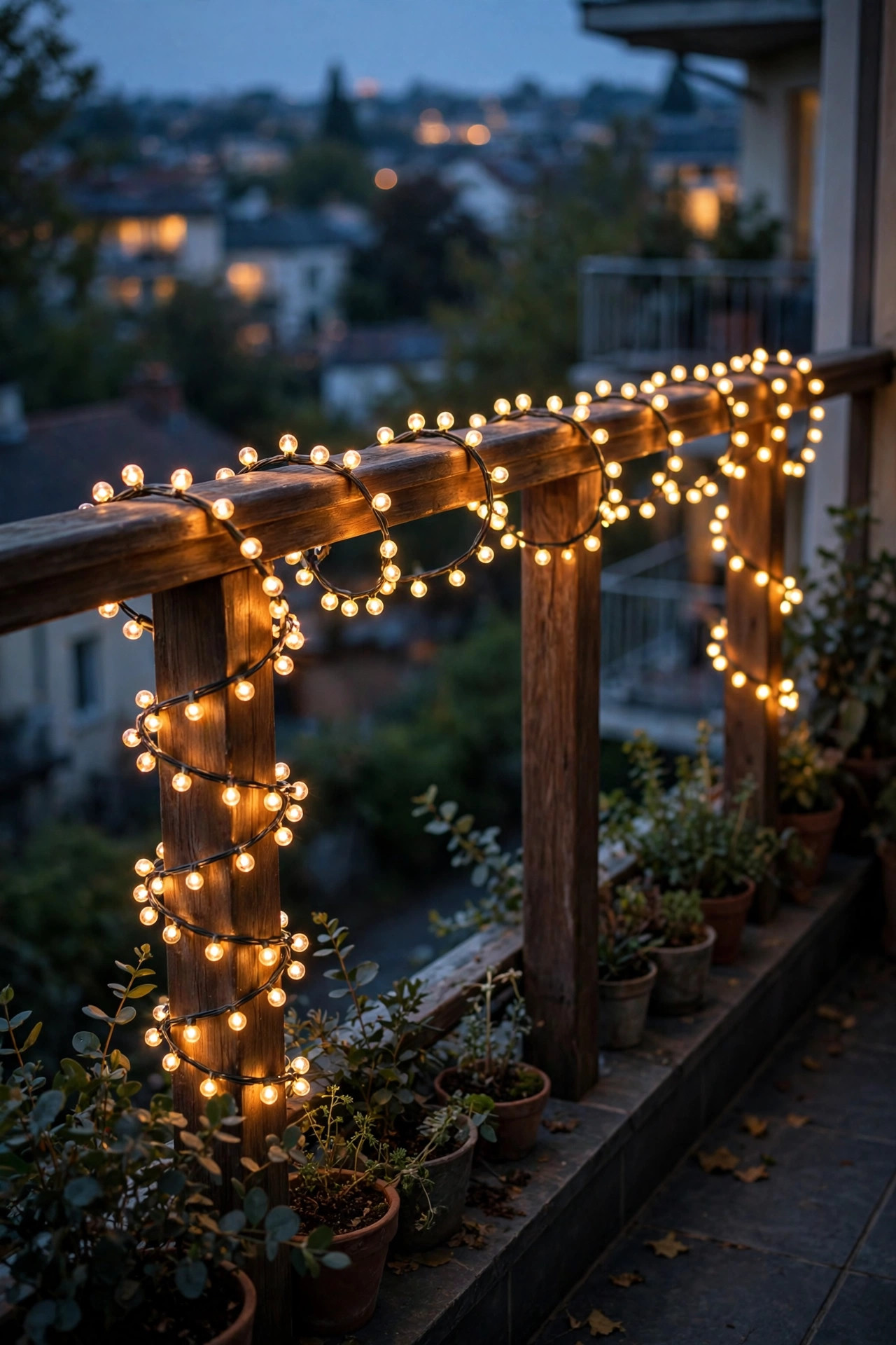 Solar string lights spiraled around a balcony top rail from post to post glowing warmly after sunset
