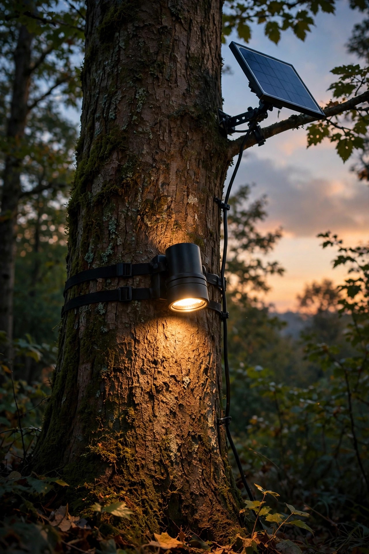 Solar tree-mounted downlight strapped to a trunk with a small remote solar panel angled toward the sun above the canopy edge at dusk