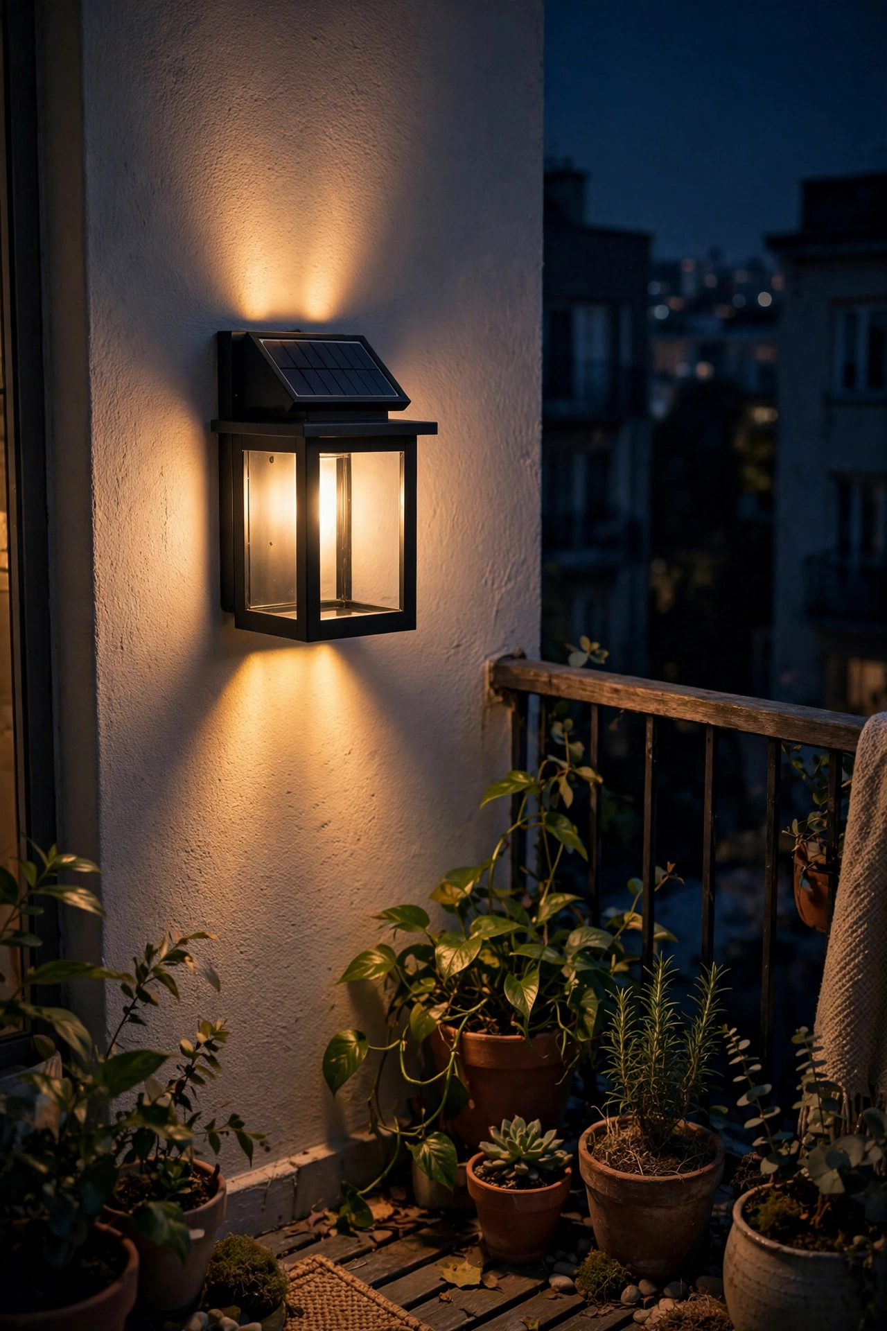 Solar wall sconce glowing beside a balcony sliding door at night