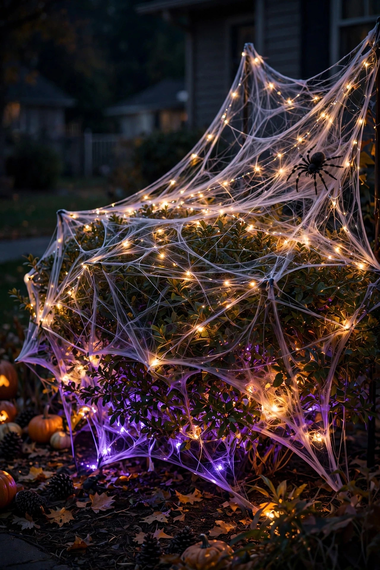 Large faux spider web with fairy lights stretched over glowing shrubs at Halloween