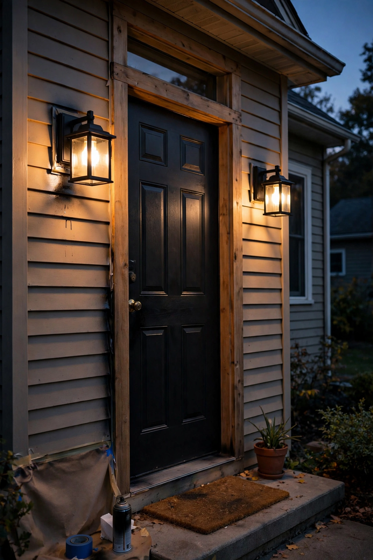 Matching matte black outdoor wall sconces after a spray paint refresh on a house exterior