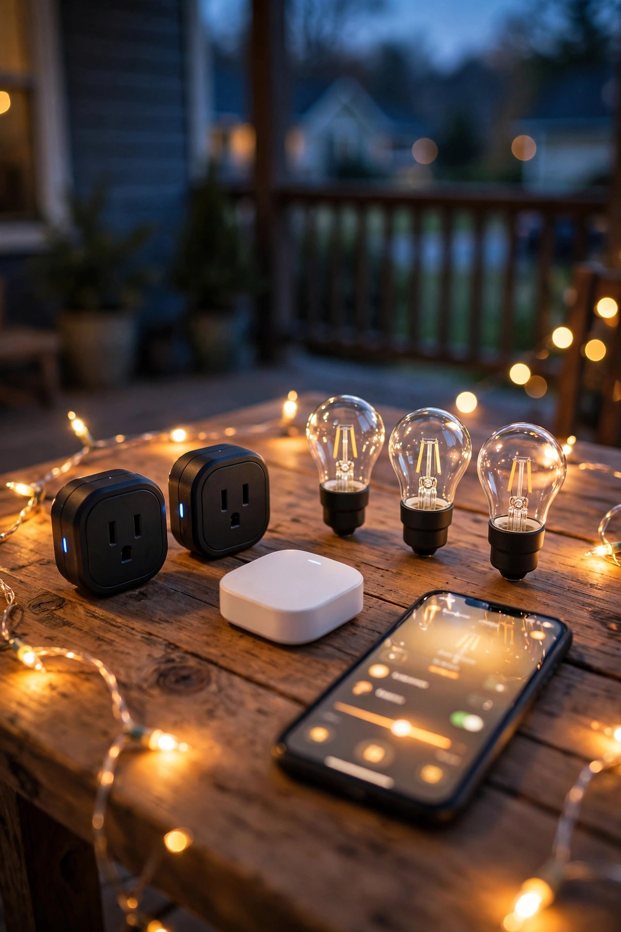Smart outdoor lighting starter kit laid out — smart plugs, smart bulbs, and a phone with lighting app on a porch table