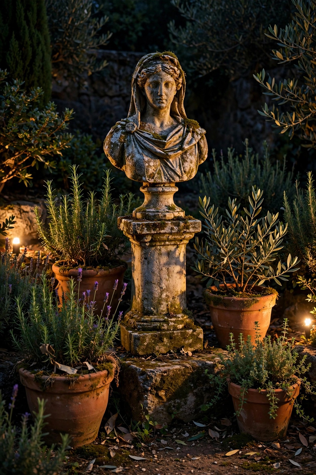 Weathered garden statue and terracotta urns spotlighted warmly against dark Mediterranean planting