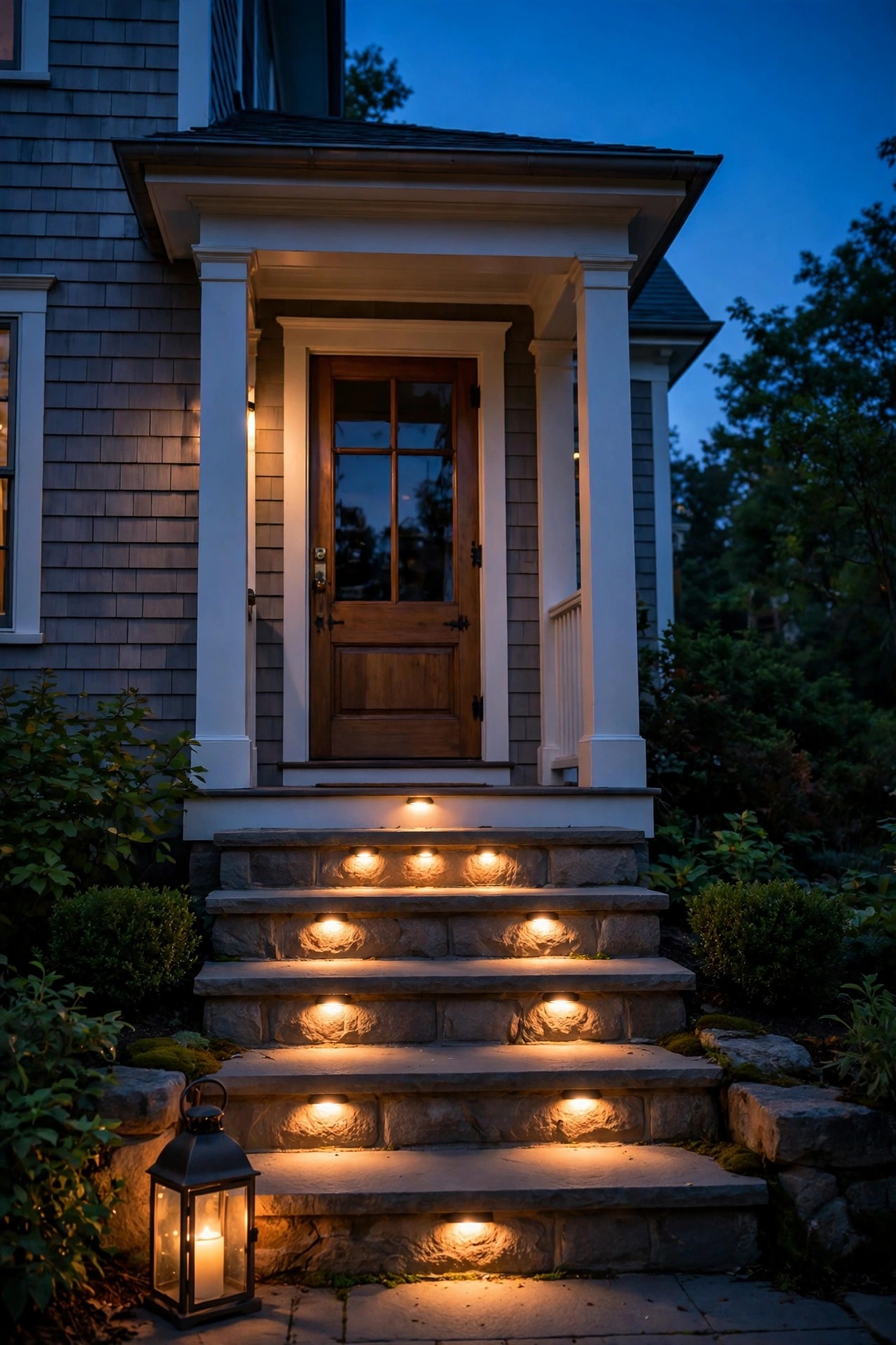 Traditional front steps at dusk with recessed warm step lights and a low lantern flanking the bottom step