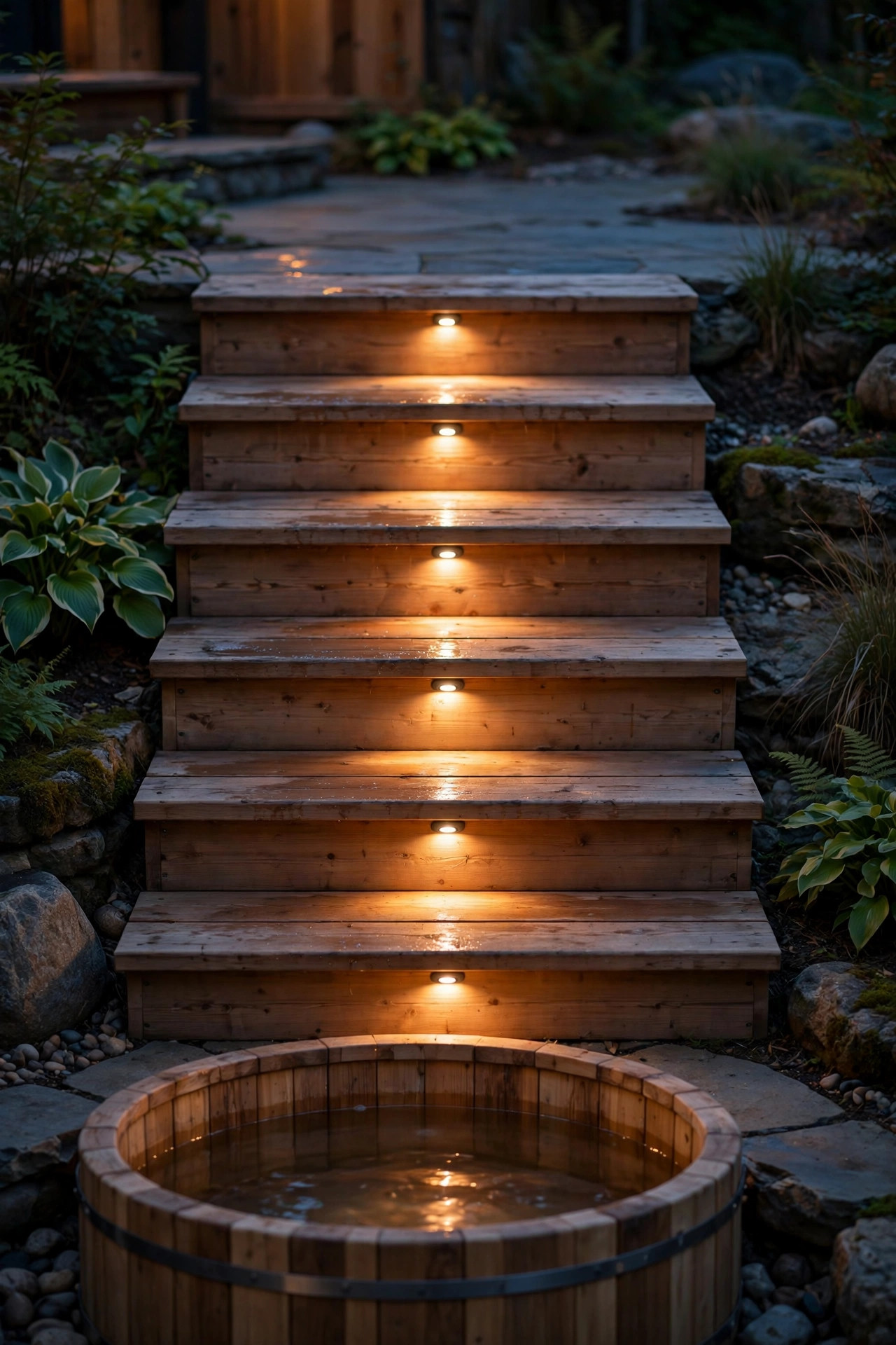 Recessed LED step lights glowing softly on wooden hot tub steps at night, small pools of warm light on each tread