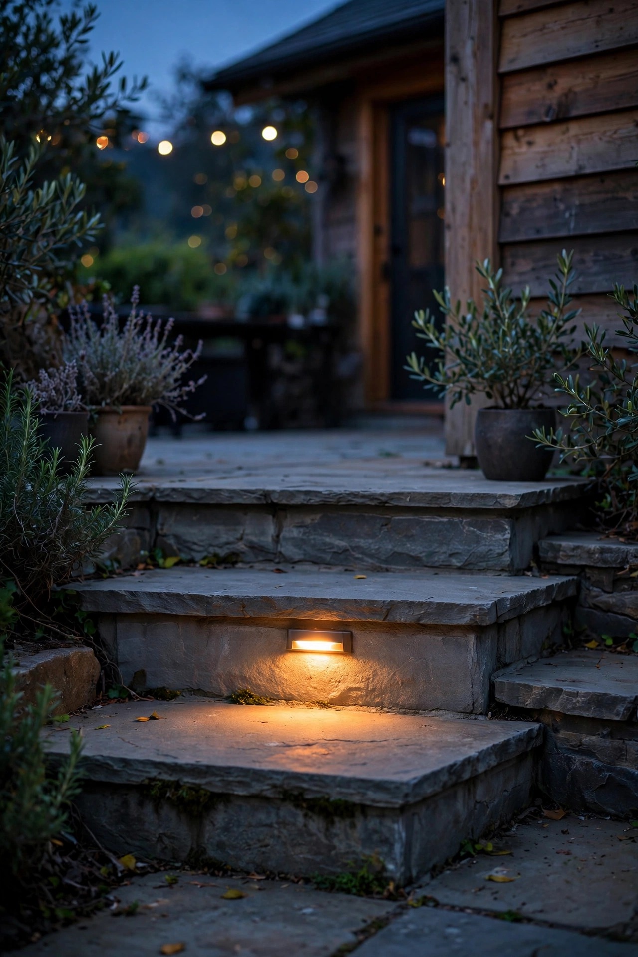 Small step light glowing on the riser of a guest house patio step at dusk