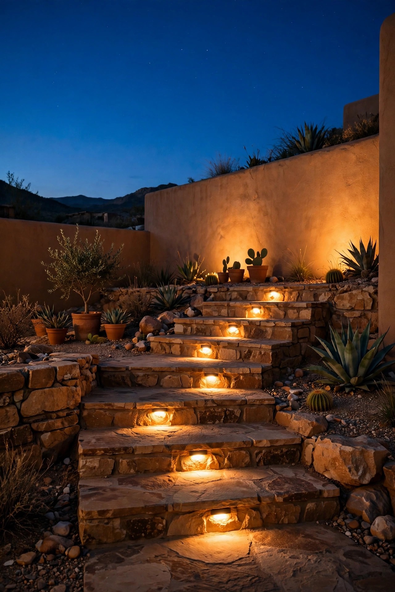 Desert courtyard stone steps at night with recessed step lights glowing in the risers and warm light washing a retaining wall