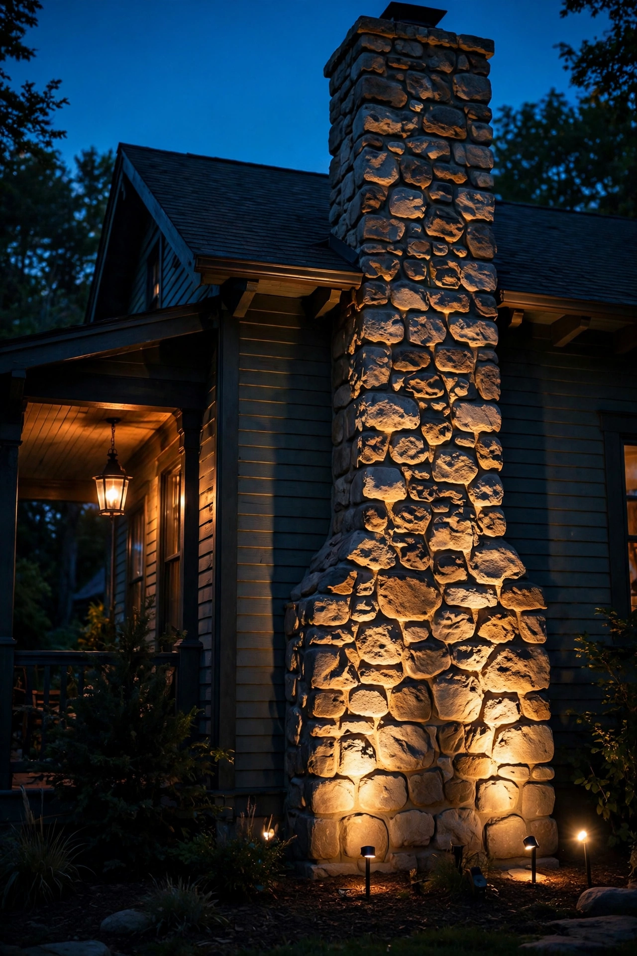 Uplights grazing a river-rock chimney on a craftsman bungalow at night