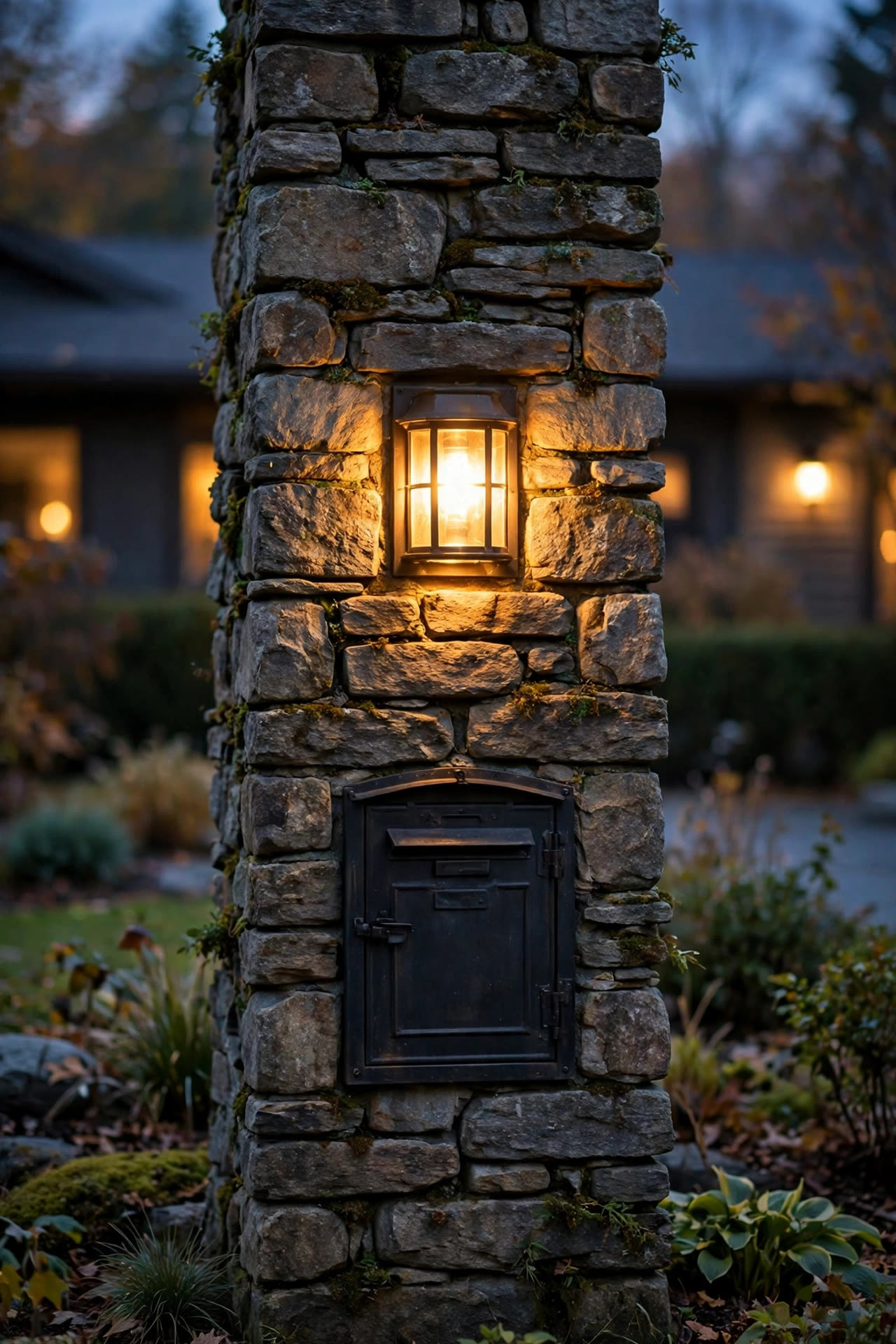 Stone mailbox pillar with a built-in lantern fixture glowing above the mailbox door
