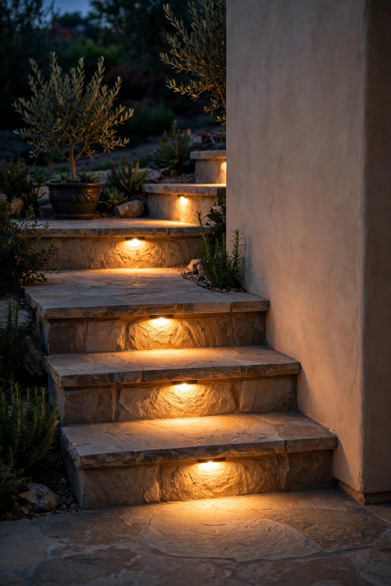 Recessed warm step lights washing stone patio stairs at night beside a stucco wall