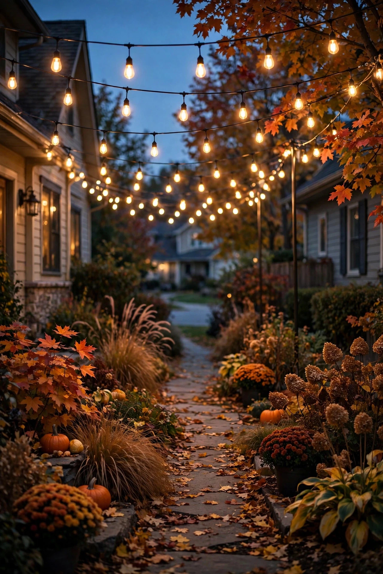 Warm Edison string light canopy glowing over a walkway between fall plantings