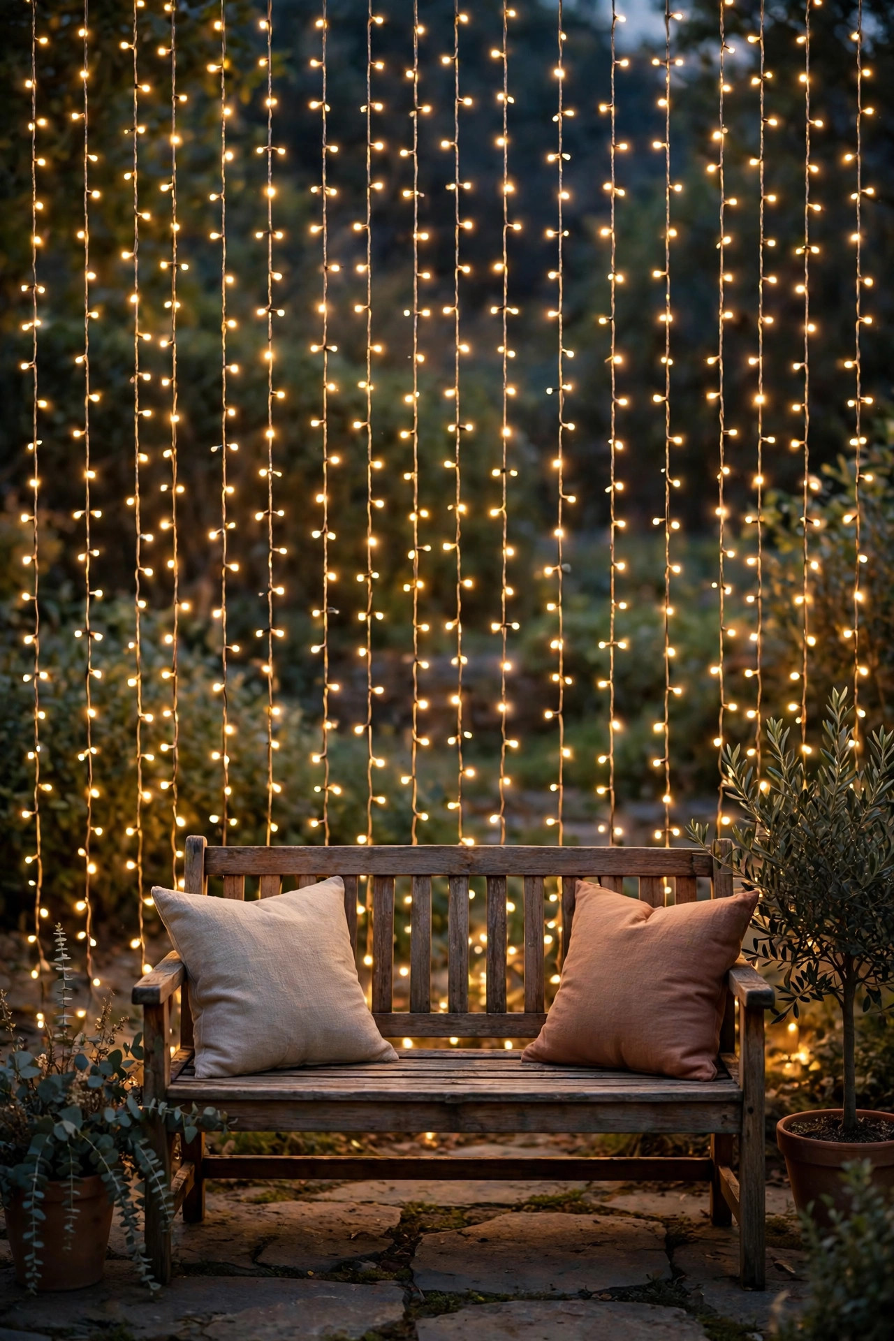 Curtain of vertical fairy lights glowing behind a patio bench as a romantic backdrop
