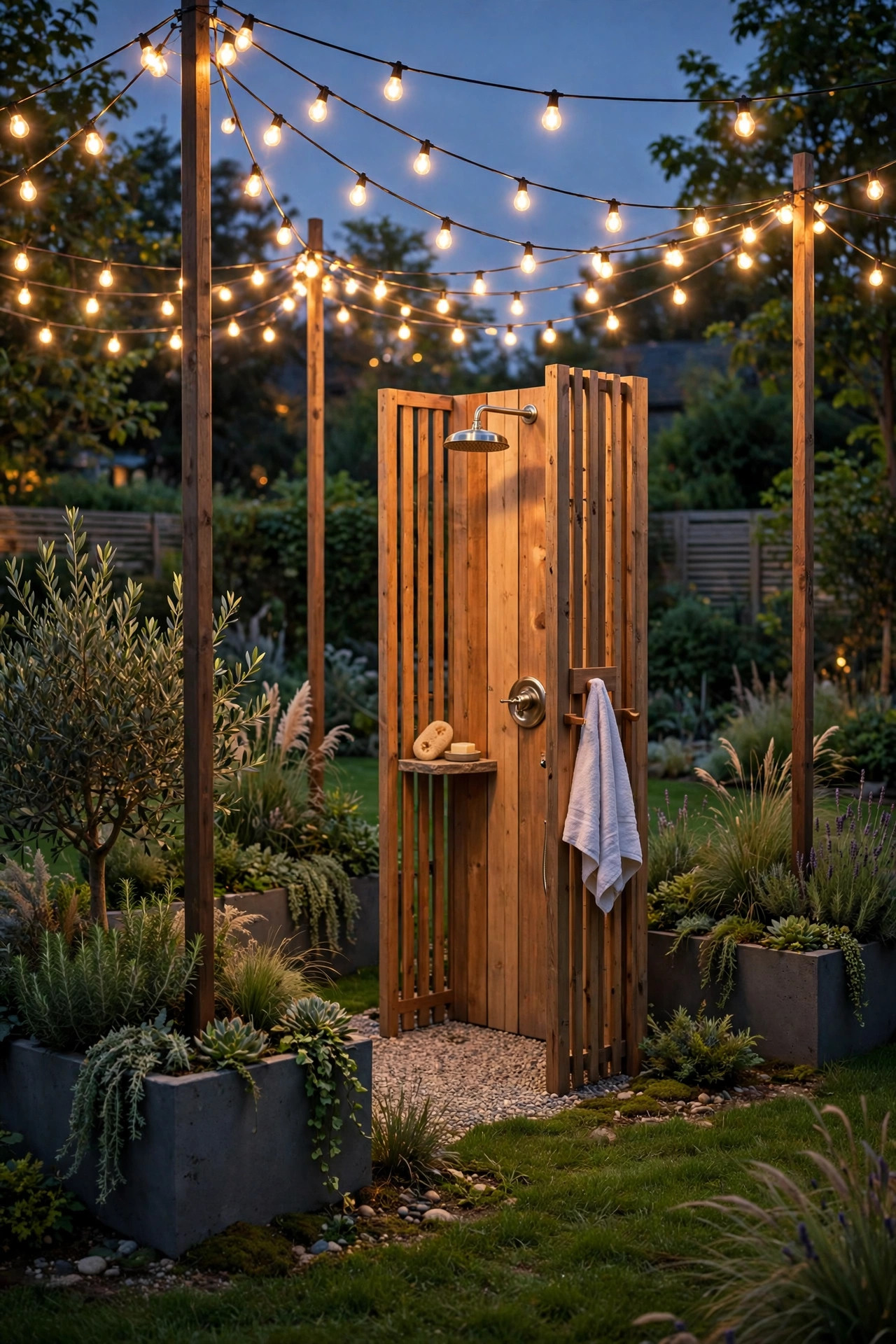 String light poles with planters anchoring a glowing canopy over a lawn shower setup
