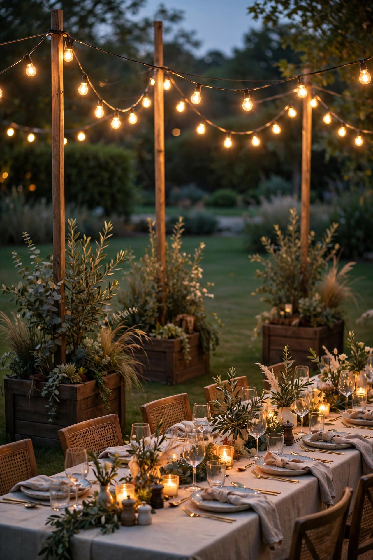 String lights hanging between tall poles in planter bases over a lawn dinner party setup