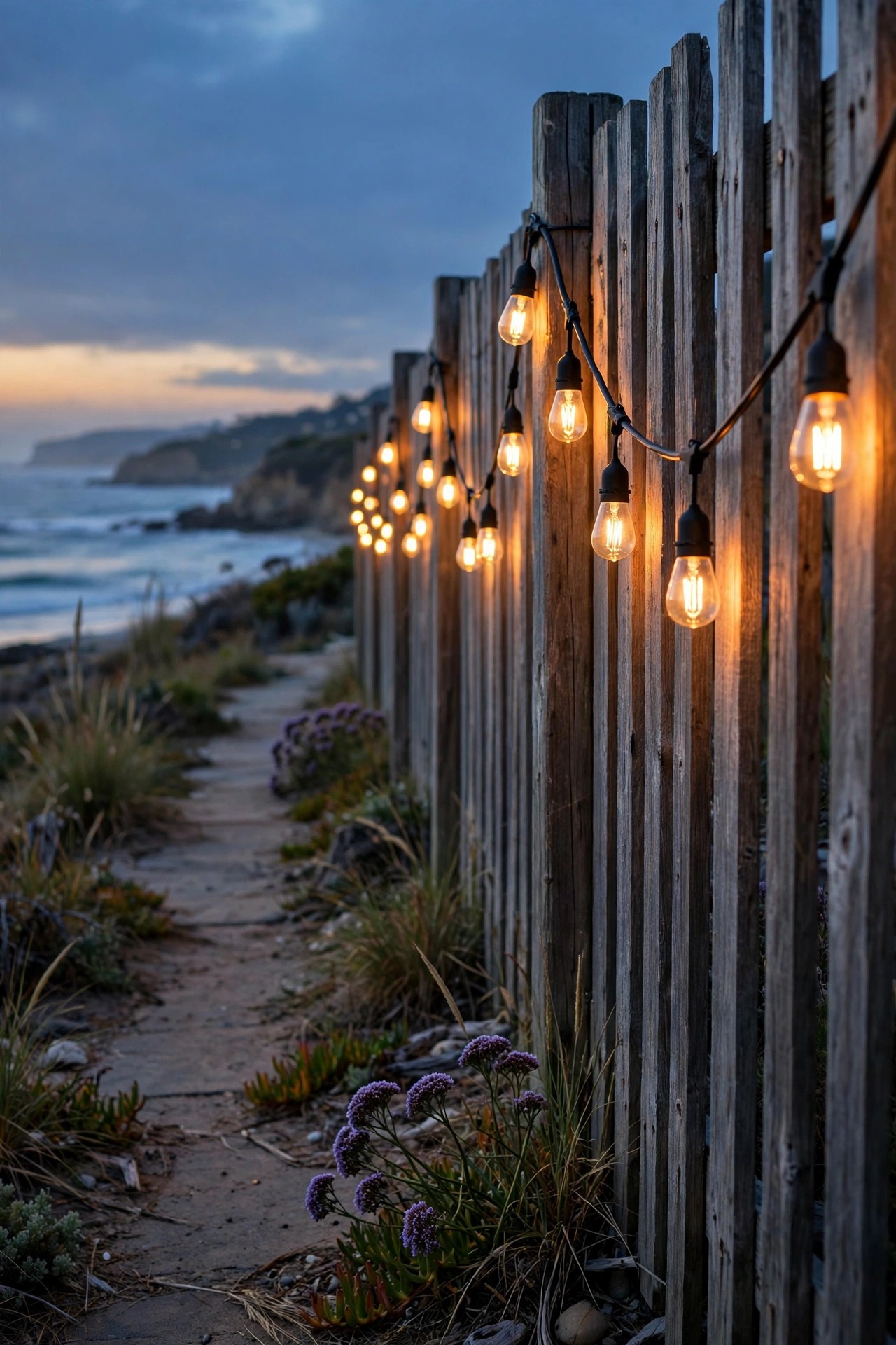 Shatterproof string lights with warm filament bulbs swagged along a fence beside a coastal walkway at dusk