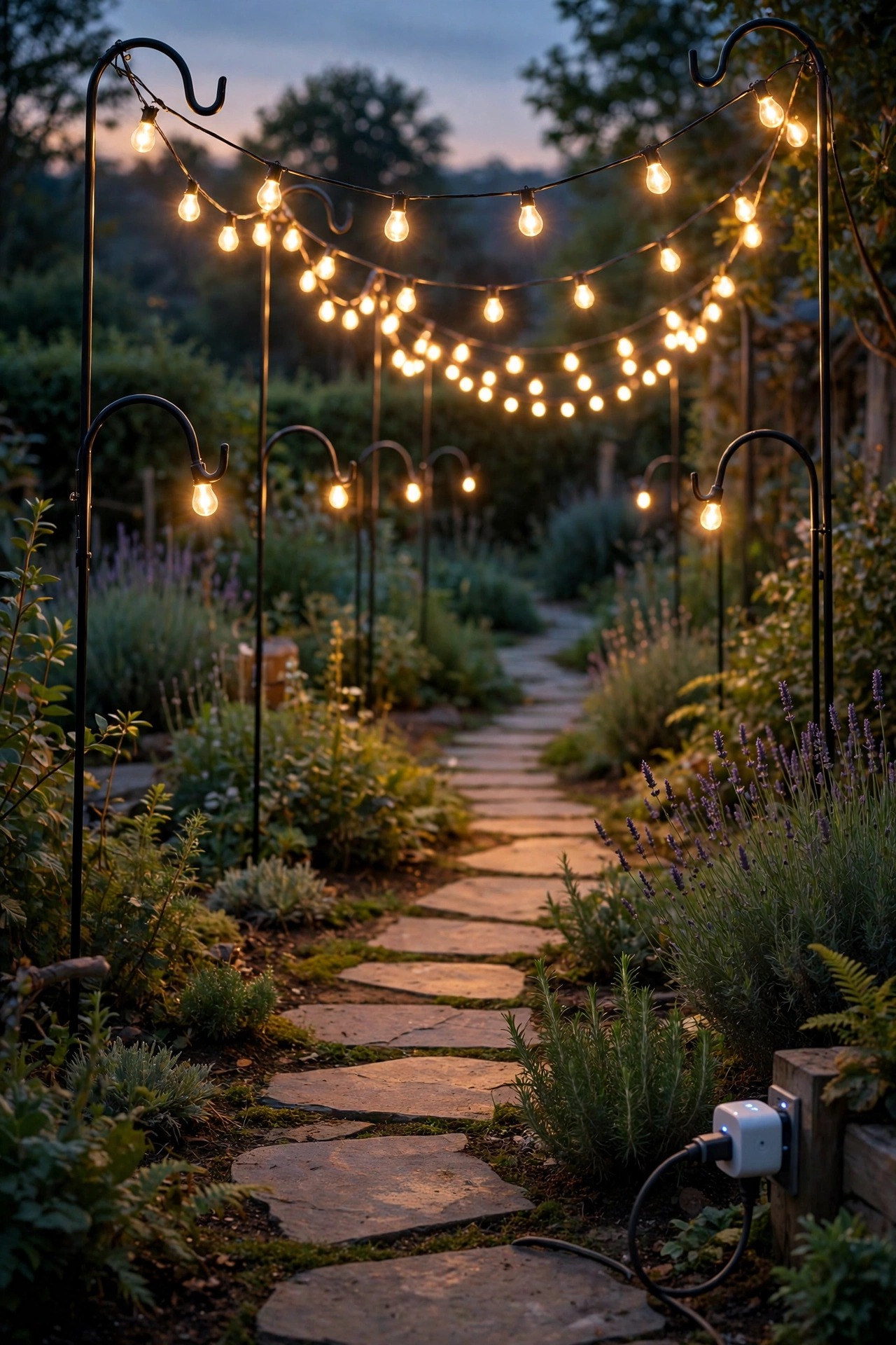 Warm LED string lights draped on shepherd hooks along a garden path at dusk, connected to a smart plug on a sunset schedule