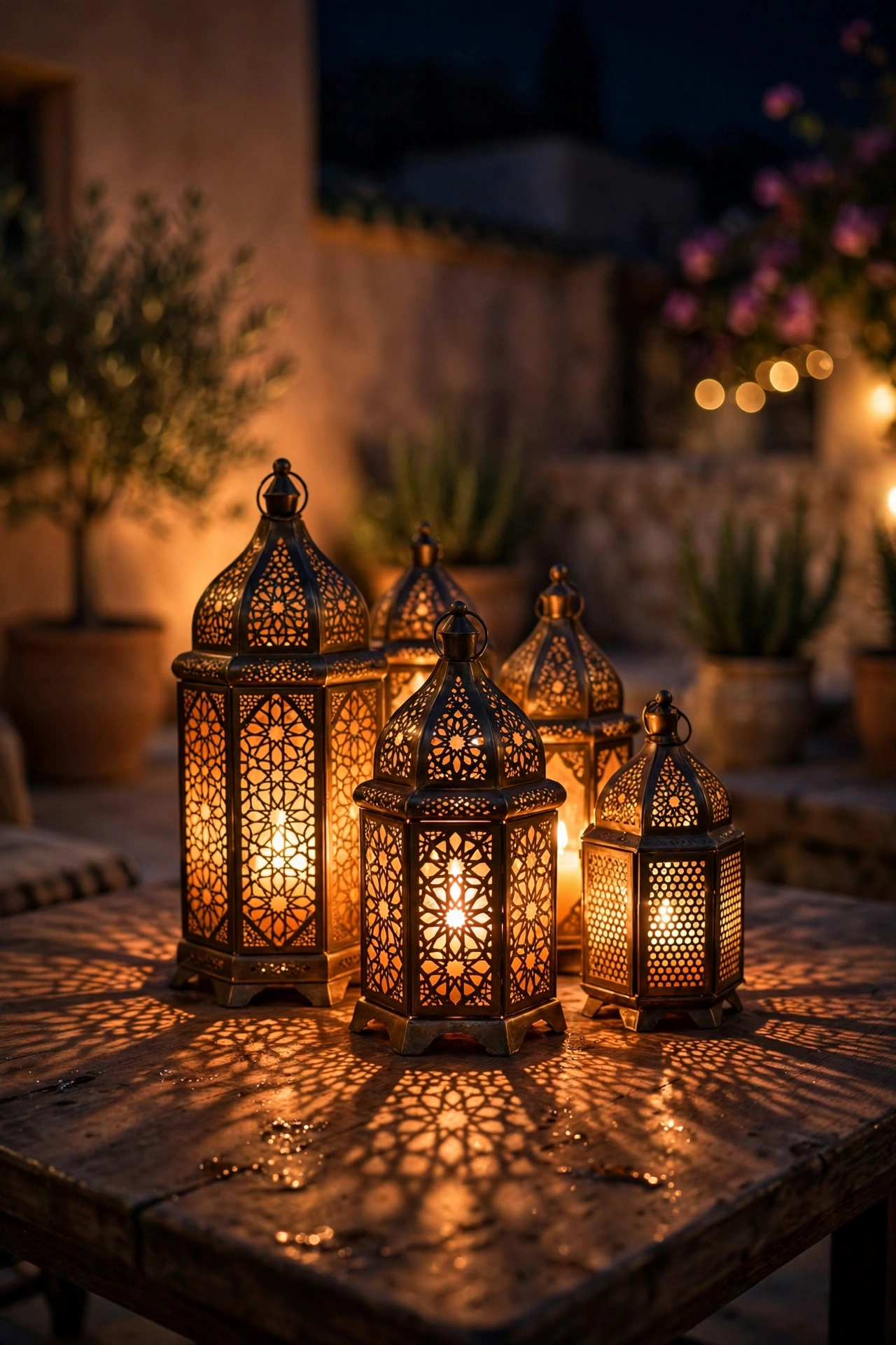 Cluster of glowing Moroccan lanterns on an outdoor patio table at night