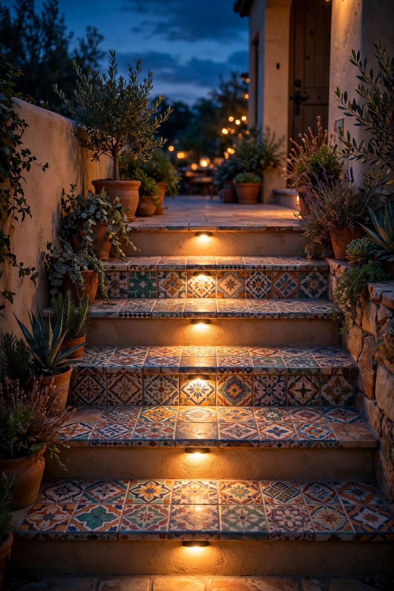 Patterned tile patio steps with warm recessed step lights washing each stone tread at night