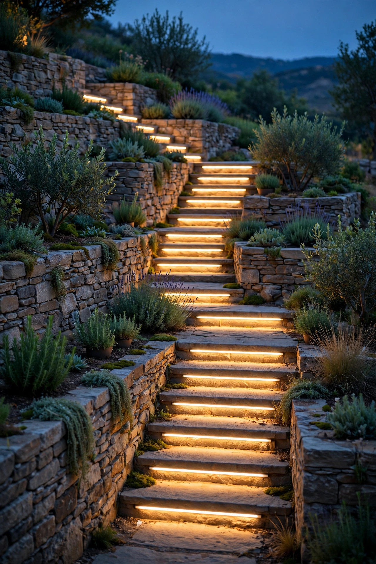 Terraced garden stair walls at dusk washed by linear LED bars, soft warm light guiding the eye down the steps