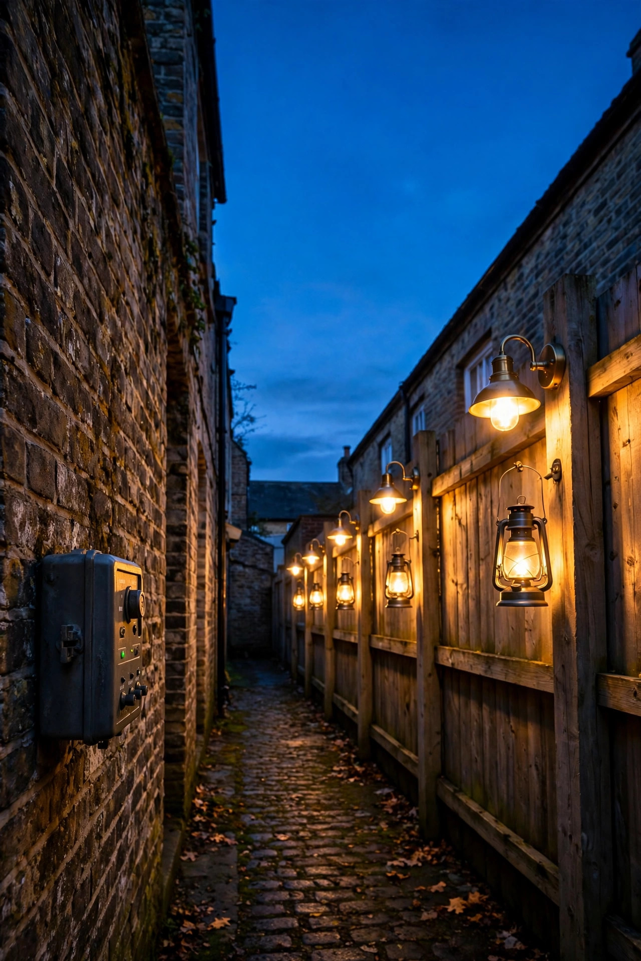 Alley lights on an automatic timer glowing at dusk, warm sconce and lantern light along a fence line