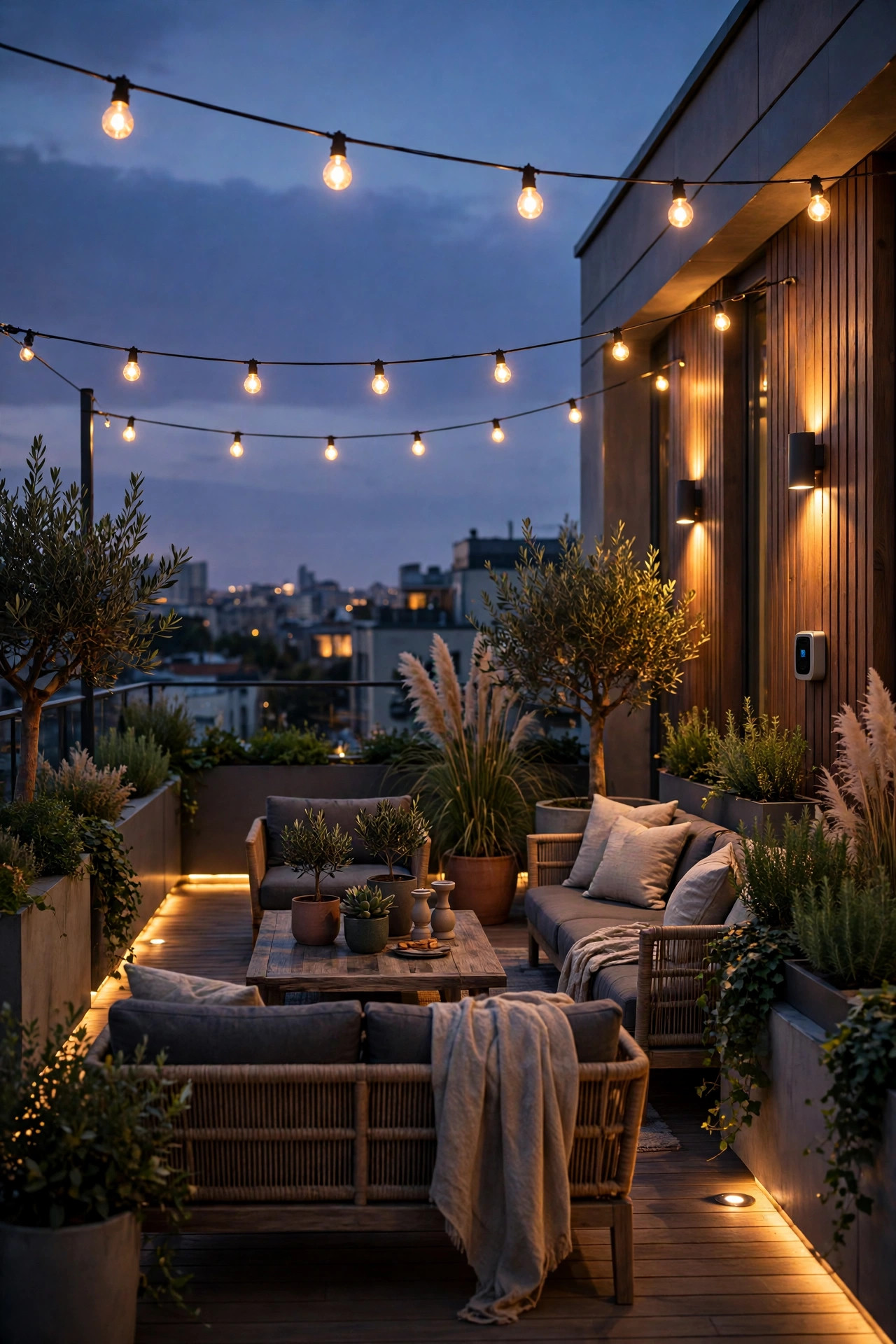 Rooftop terrace lights fading on automatically at dusk under a timer, layered warm glow settling over the seating area
