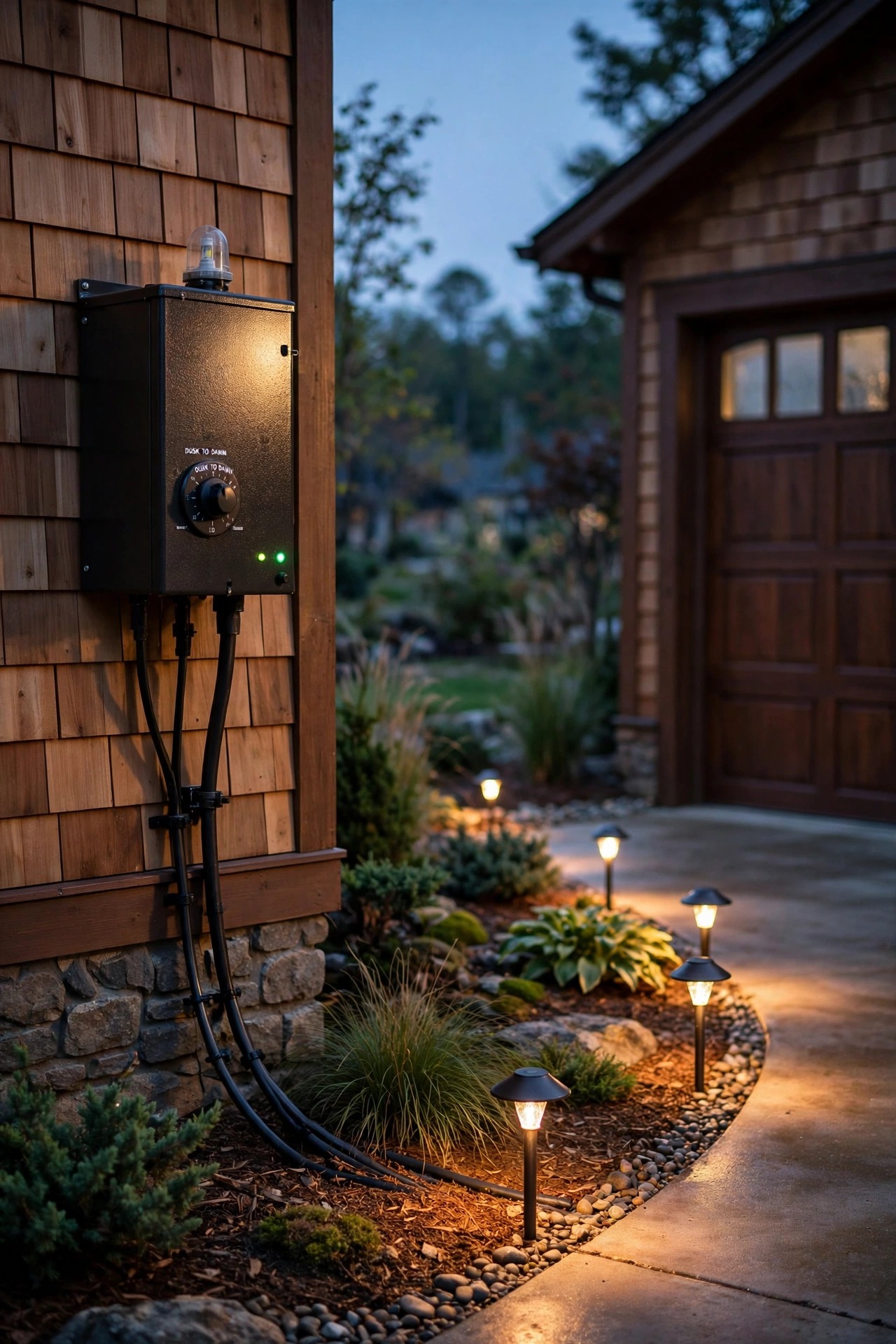 Low-voltage landscape lighting transformer with timer and photocell mounted beside a craftsman garage at dusk, driveway lights glowing