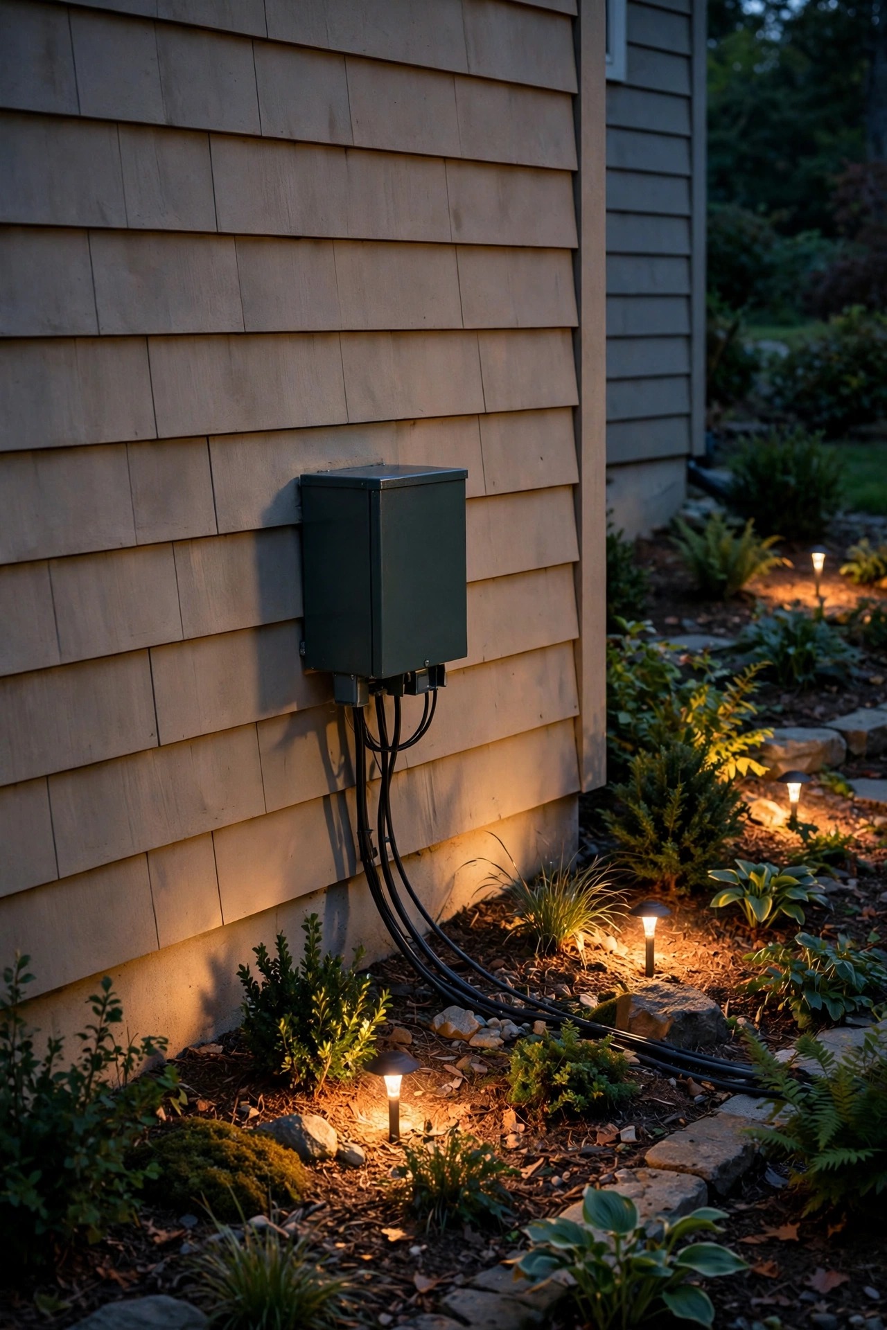 Low-voltage landscape lighting transformer mounted beside a house wall at dusk, cable runs leading into softly lit garden beds