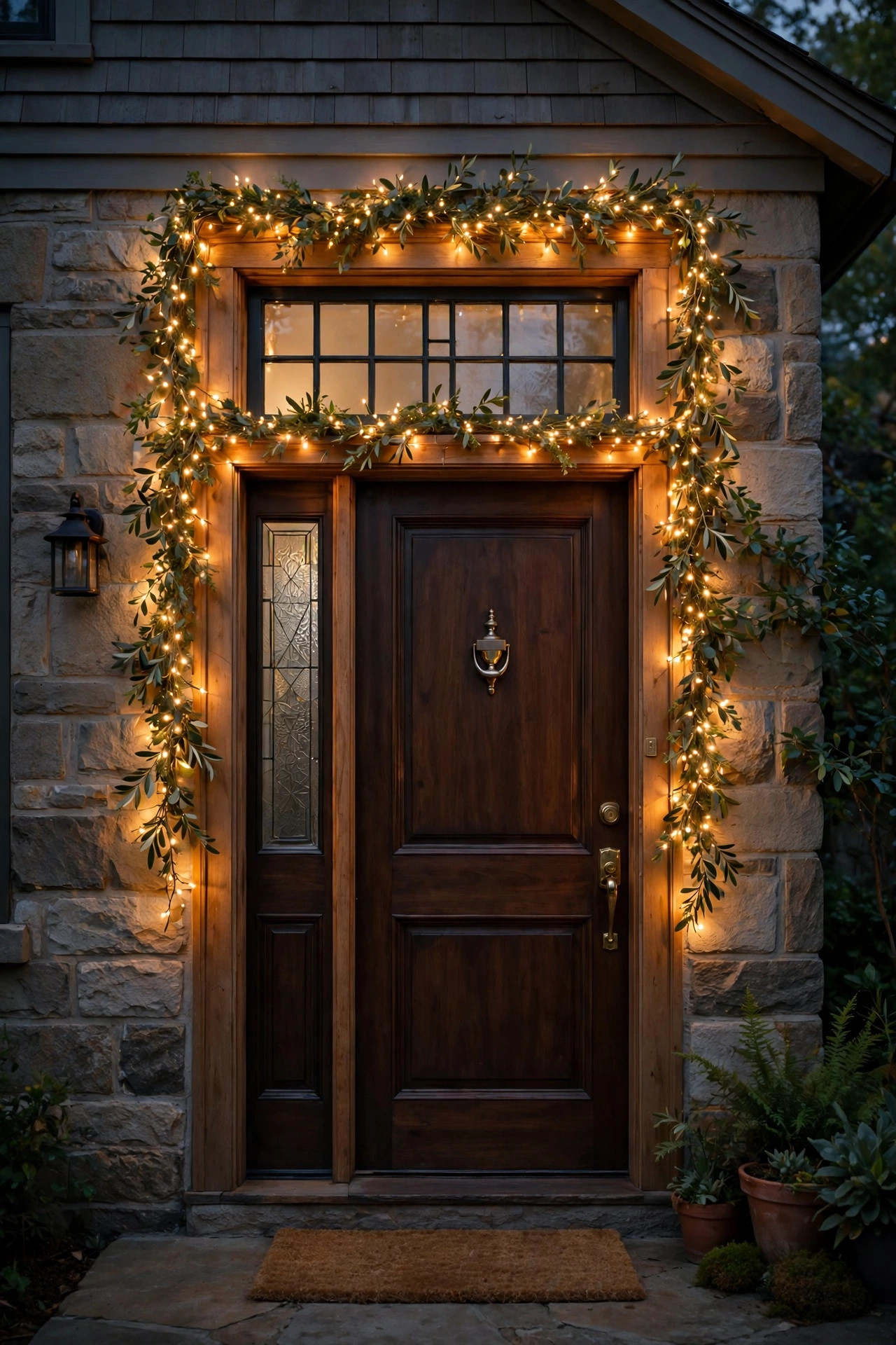 Micro fairy light garland framing a transom window above a front door