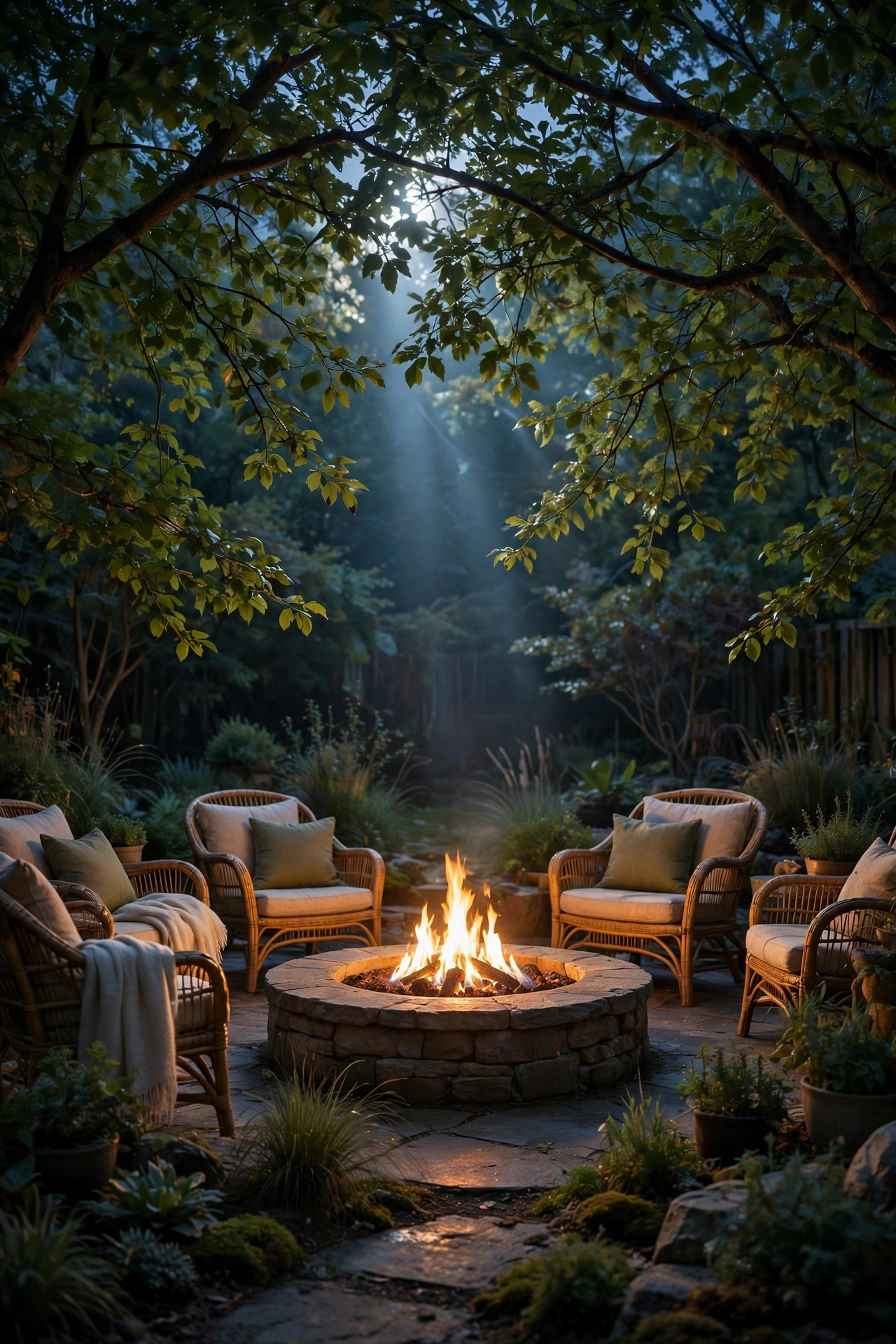 Soft moonlighting shining through tree branches over a gas fire pit seating area