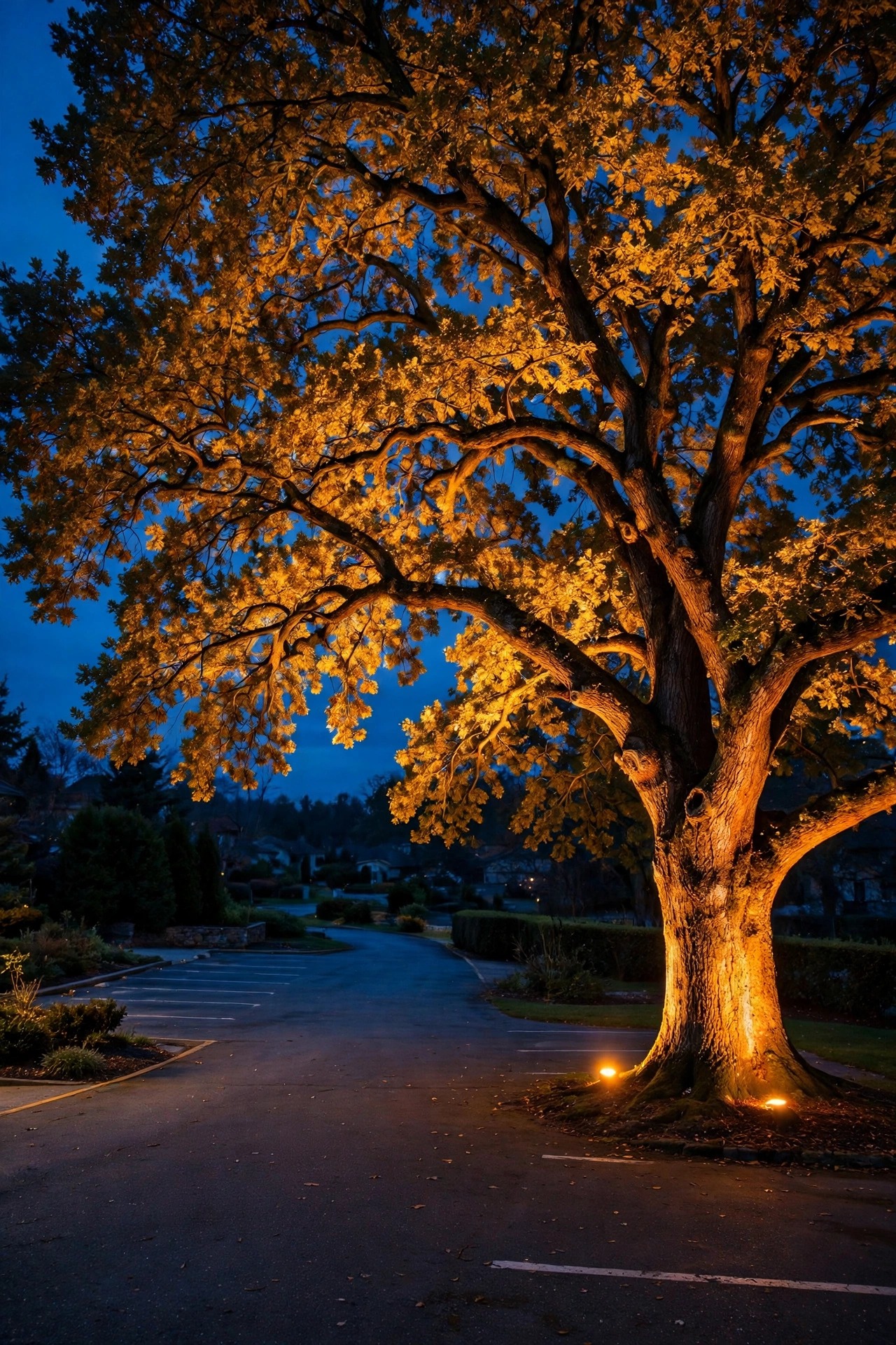 mature tree beside a driveway dramatically uplit from below at dusk, warm canopy glowing over the parking area