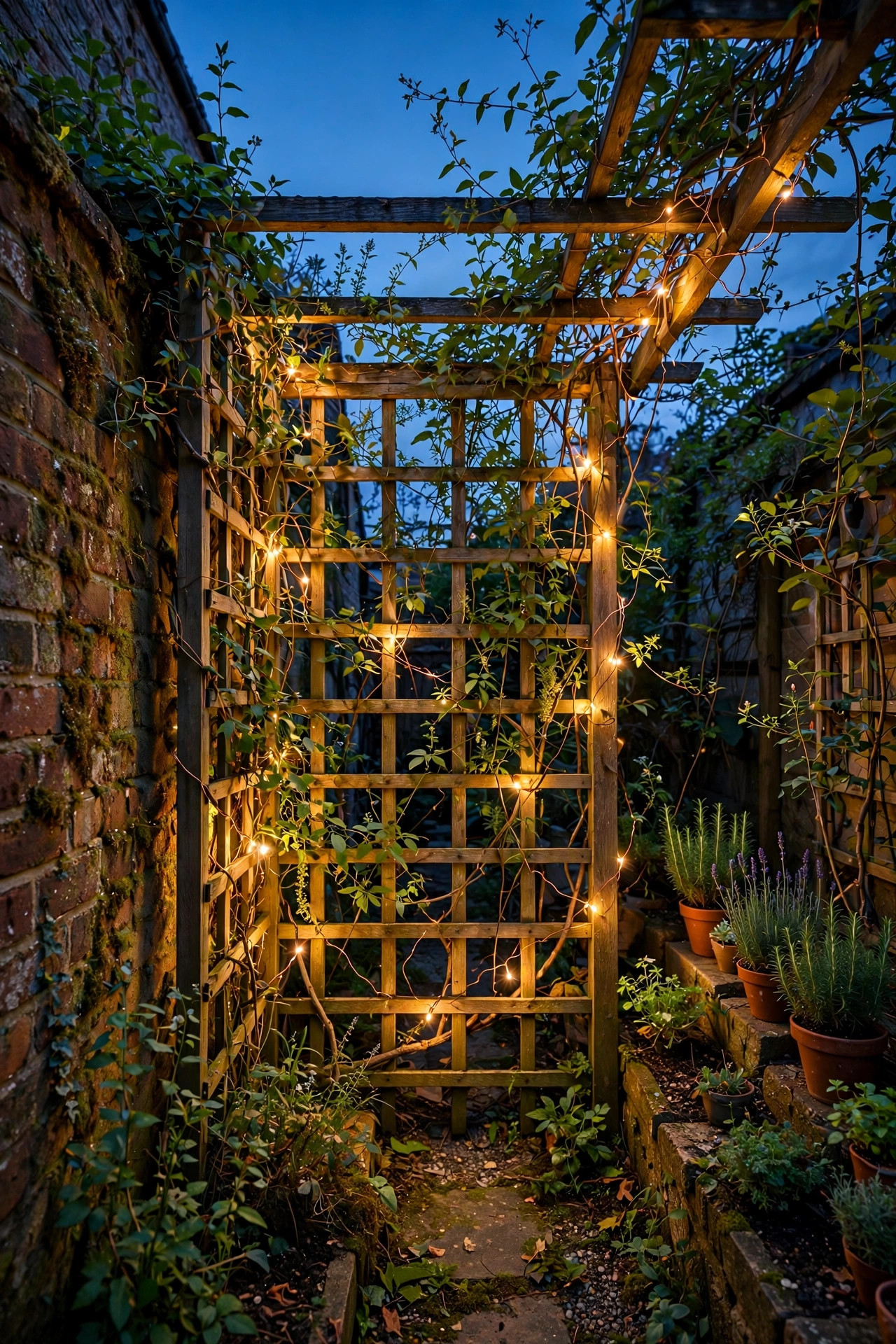 Copper wire fairy lights woven through a garden trellis with climbing vines in a narrow side garden at dusk