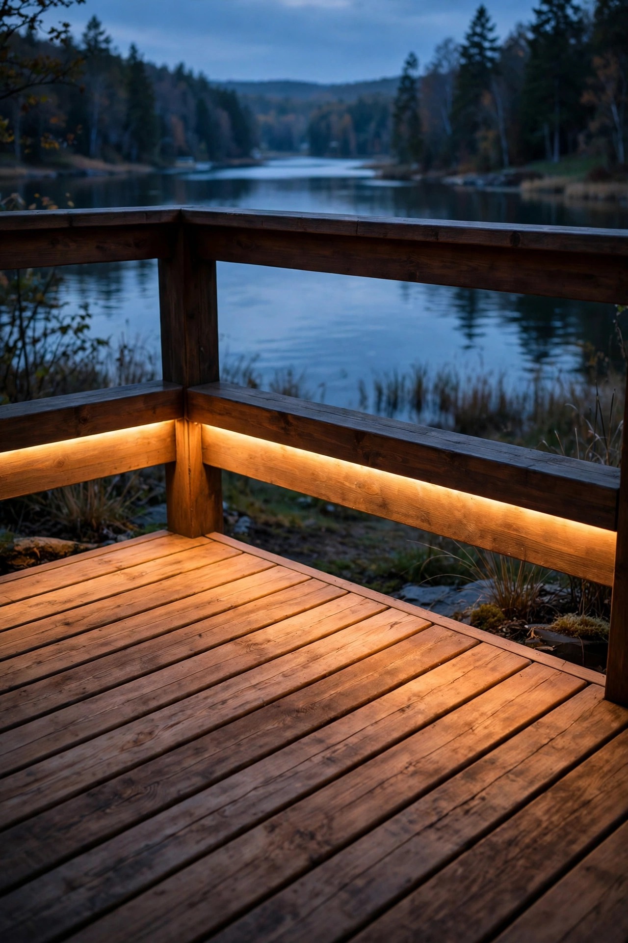 Warm LED strip light hidden under a deck railing washing wooden deck boards with soft light by a lake