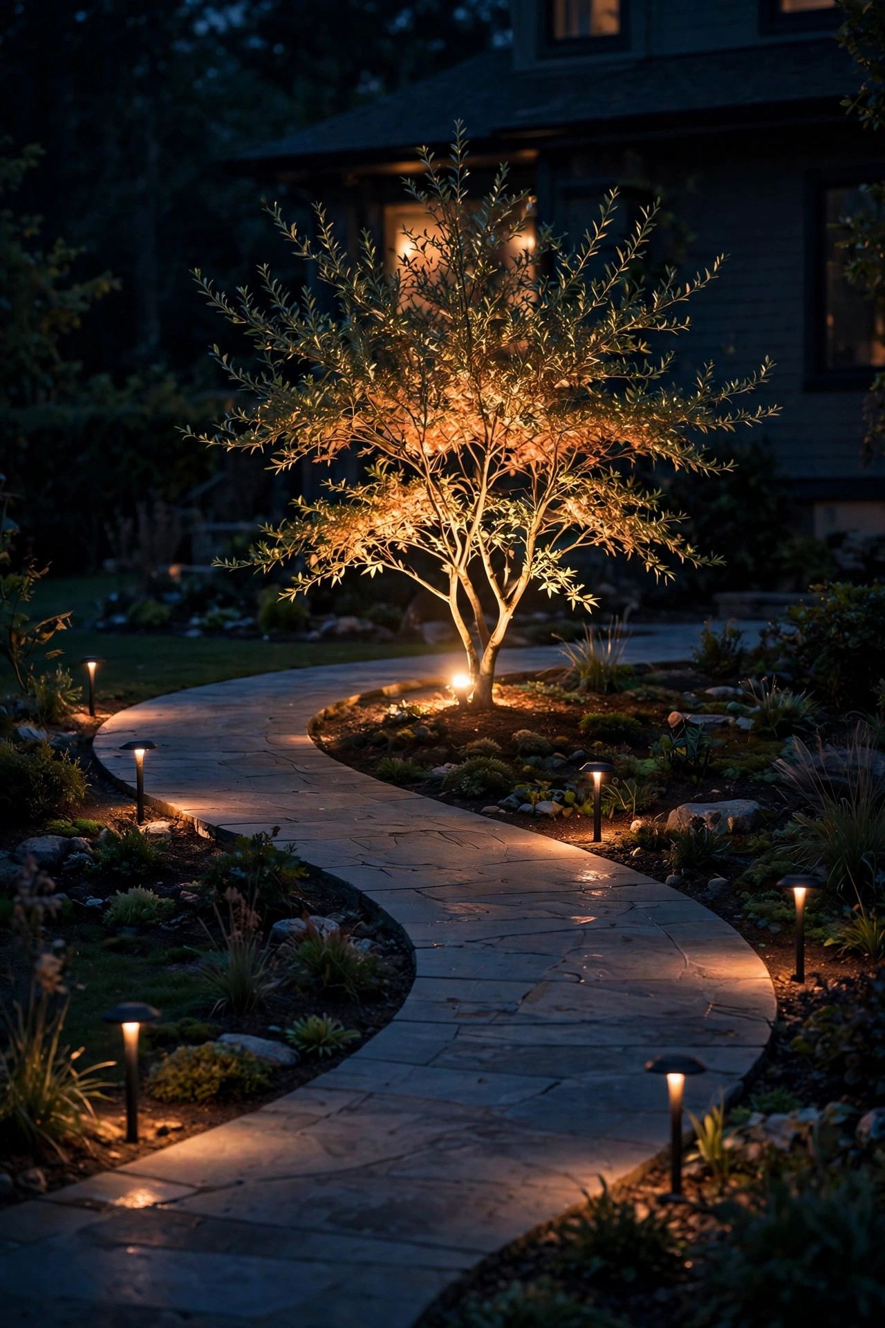 Single spotlight uplighting a small ornamental tree at the apex of a curved walkway at night