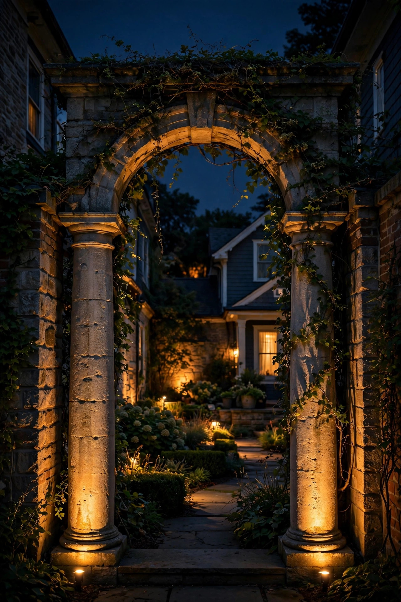 Courtyard columns dramatically lit with uplights at night