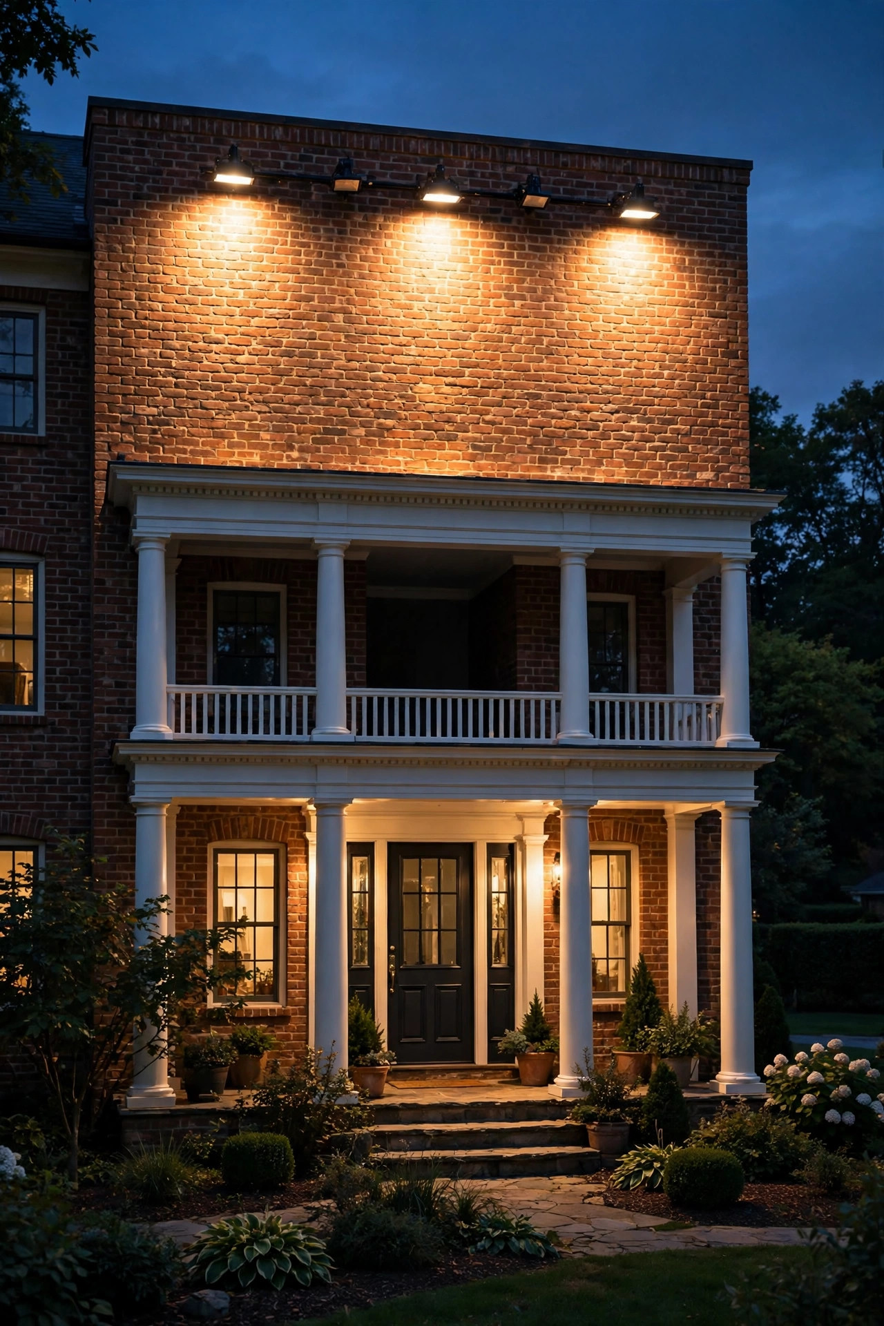 Wide floodlights washing warm light up the brick facade above a two-story portico at night