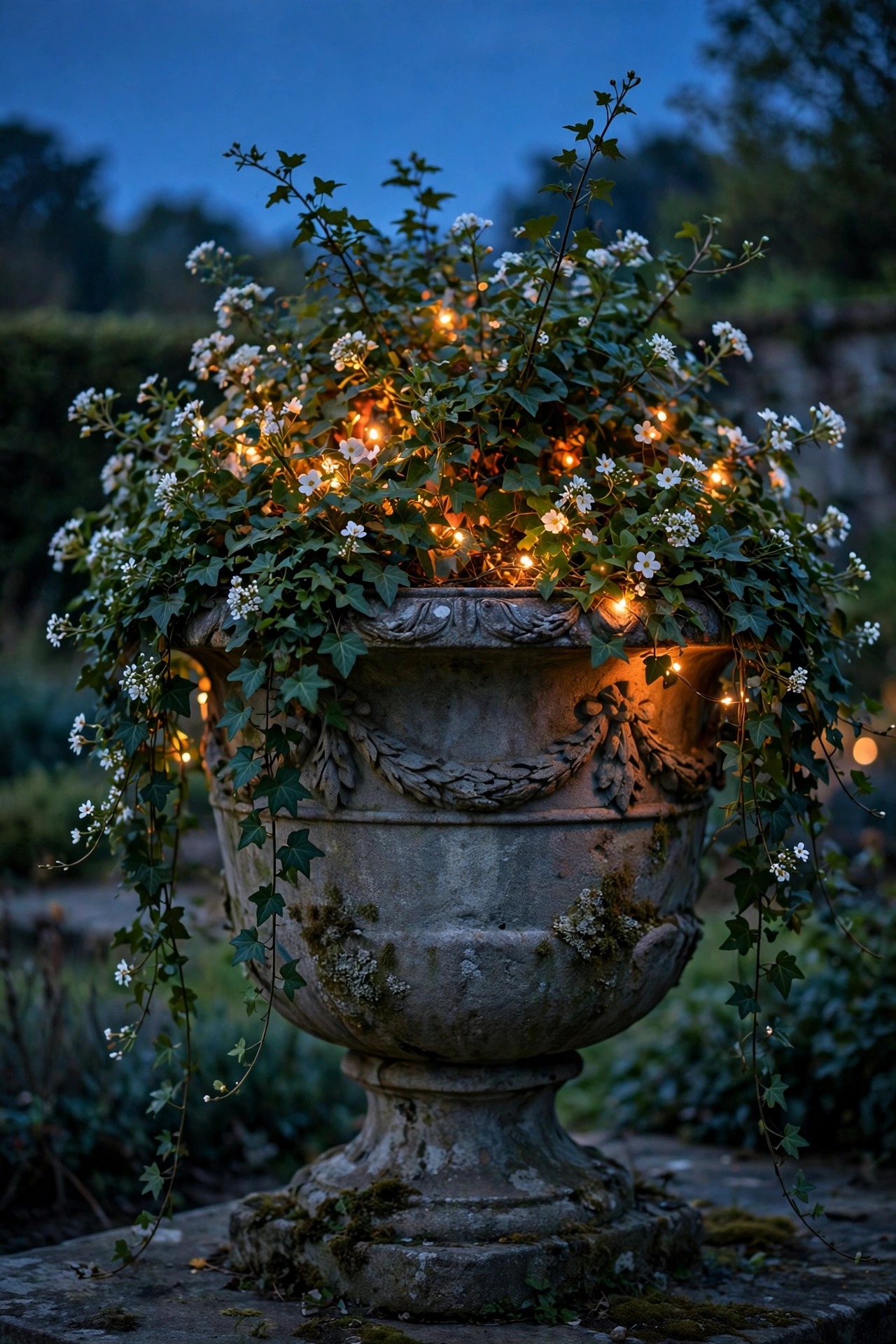 Large stone garden urn at dusk planted with trailing ivy and white flowers sparkling with tiny warm fairy lights inside
