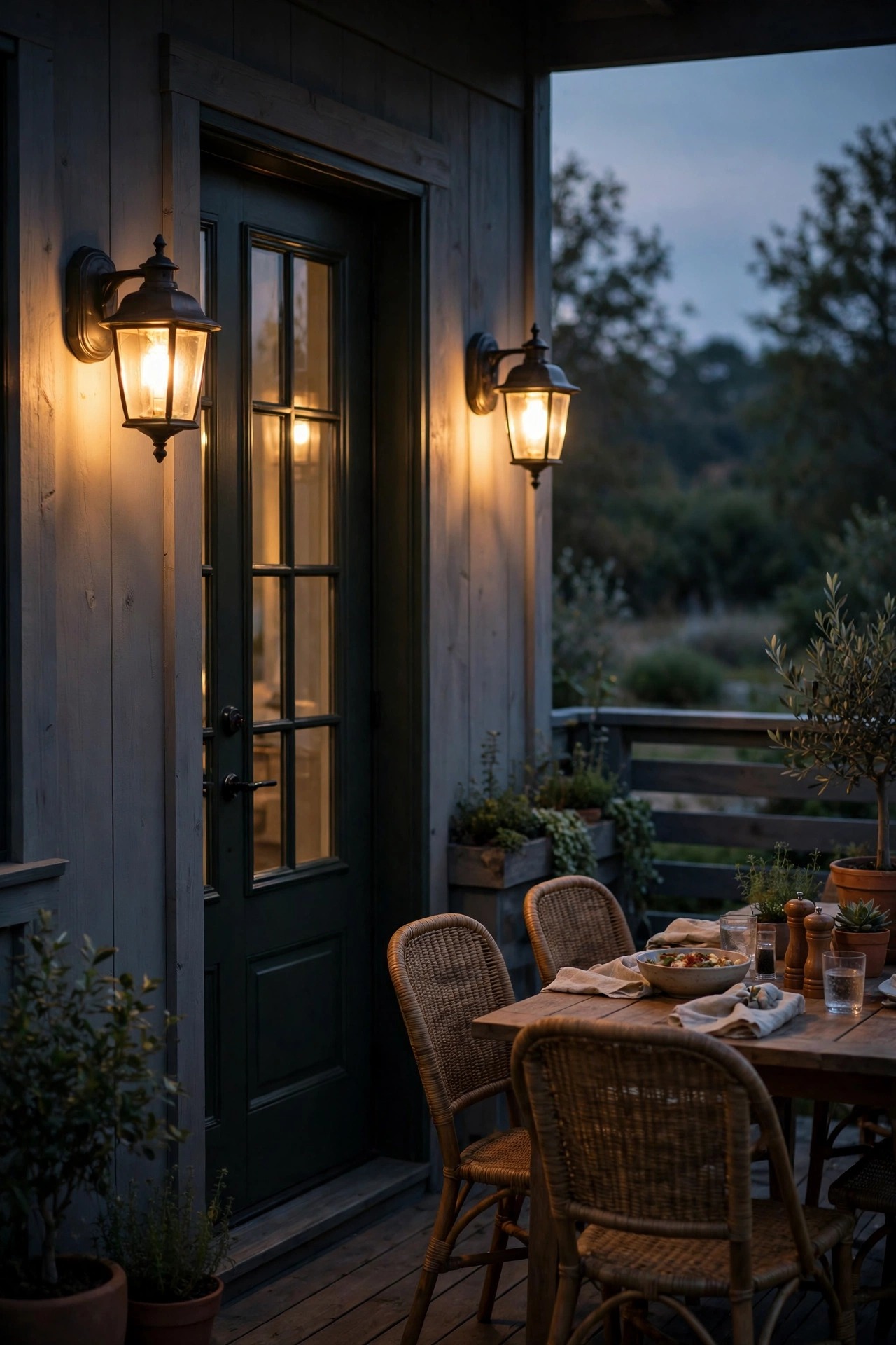 Two warm wall sconces glowing beside a back door on a deck with a dining table nearby at dusk