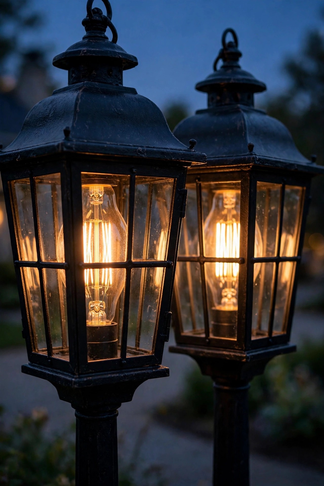 Close view of warm 2700K filament-style LED bulbs glowing in matching black colonial driveway lanterns