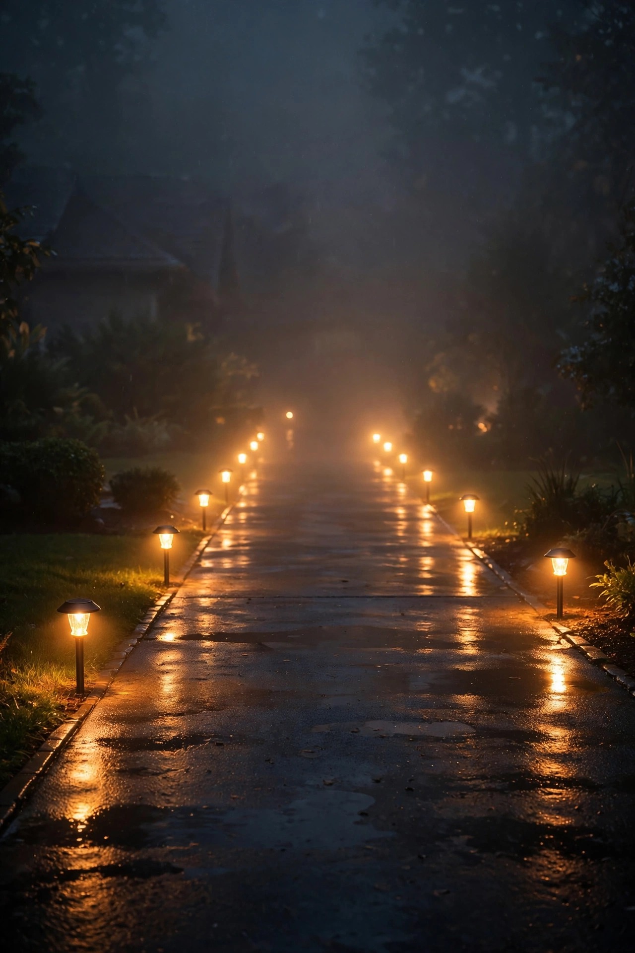 Warm amber solar driveway lights glowing through light fog along a wet driveway at night