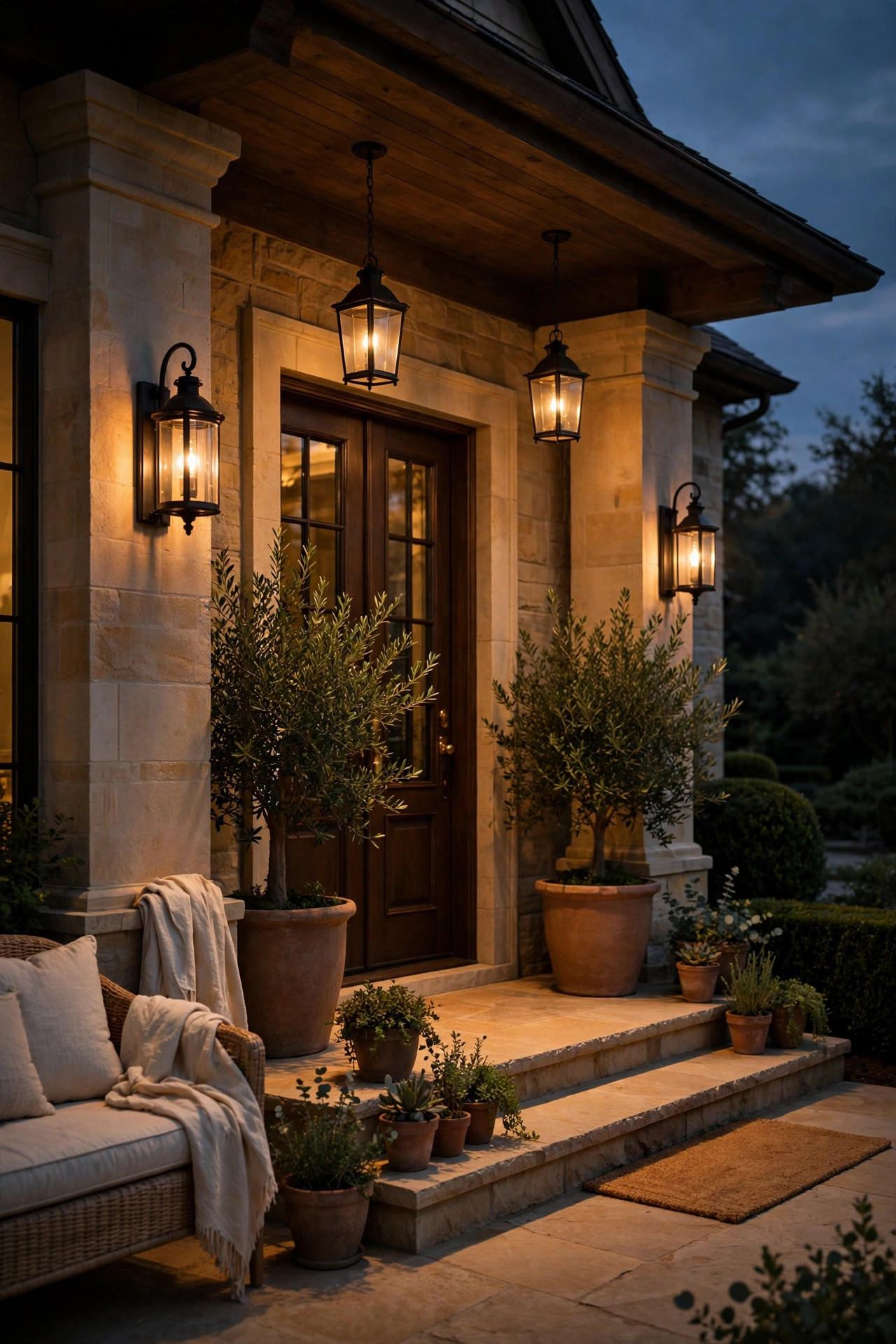 Warm 2700K glow across a luxury porch at dusk with sconces and lanterns dimmed to a soft golden level