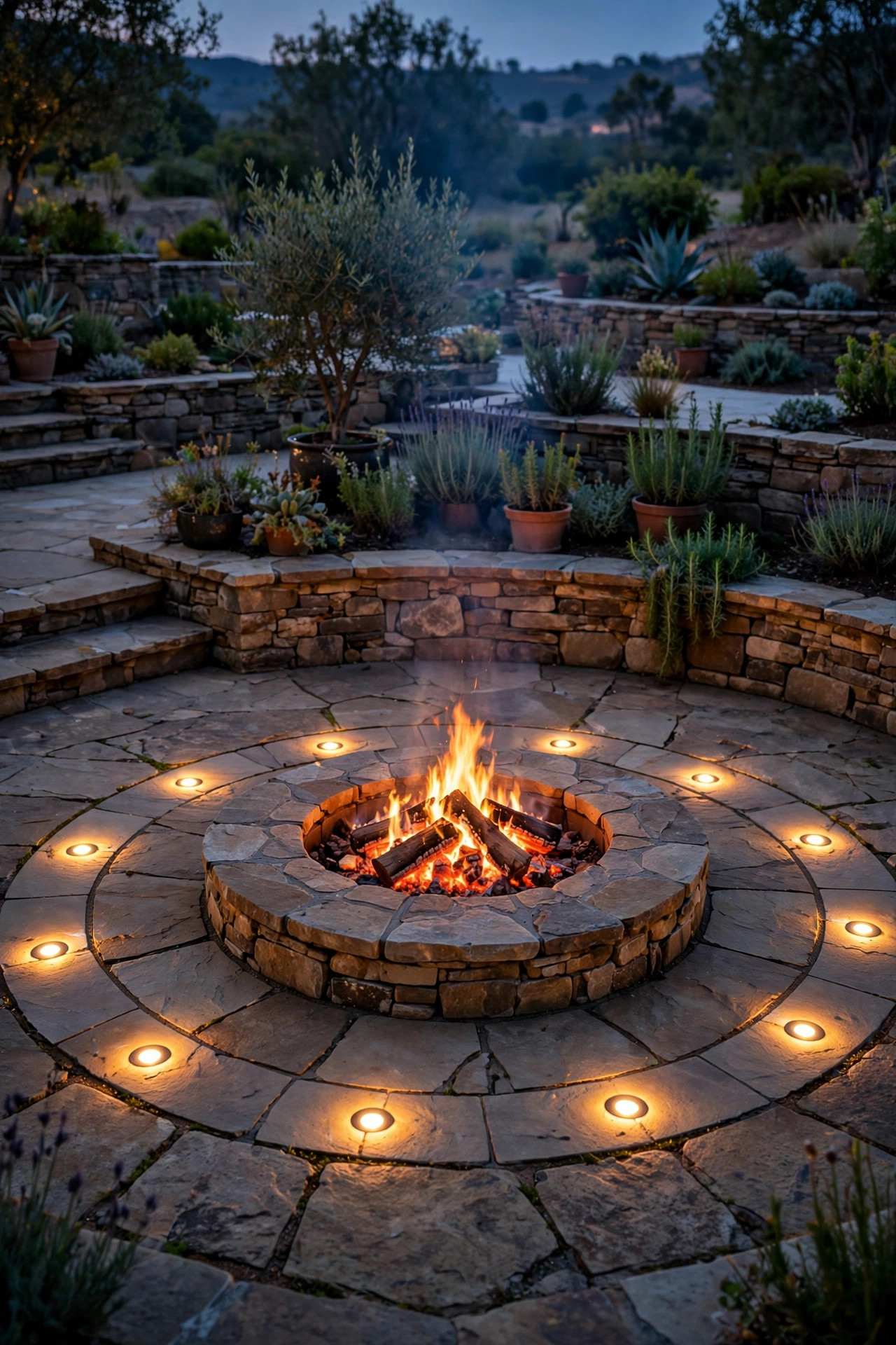 Flush in-ground well lights rimming a circular stone fire pit pad on a terraced patio at dusk