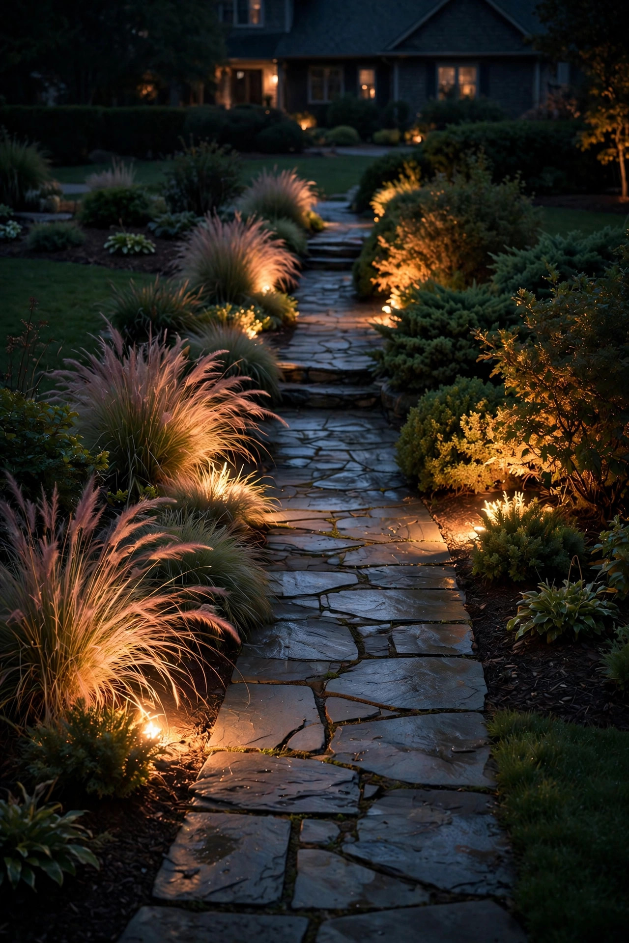 In-ground well lights uplighting shrubs beside a stone walkway