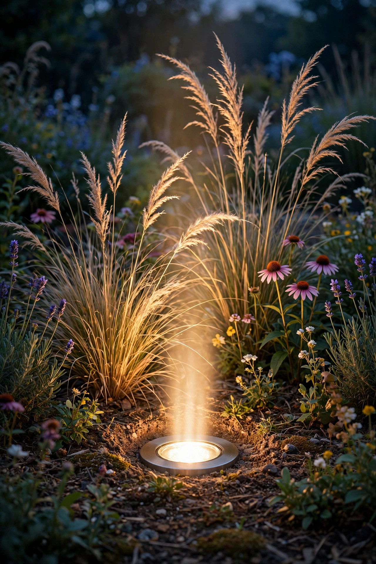 Flush in-ground well light beaming upward into ornamental grasses and flowers in a bed