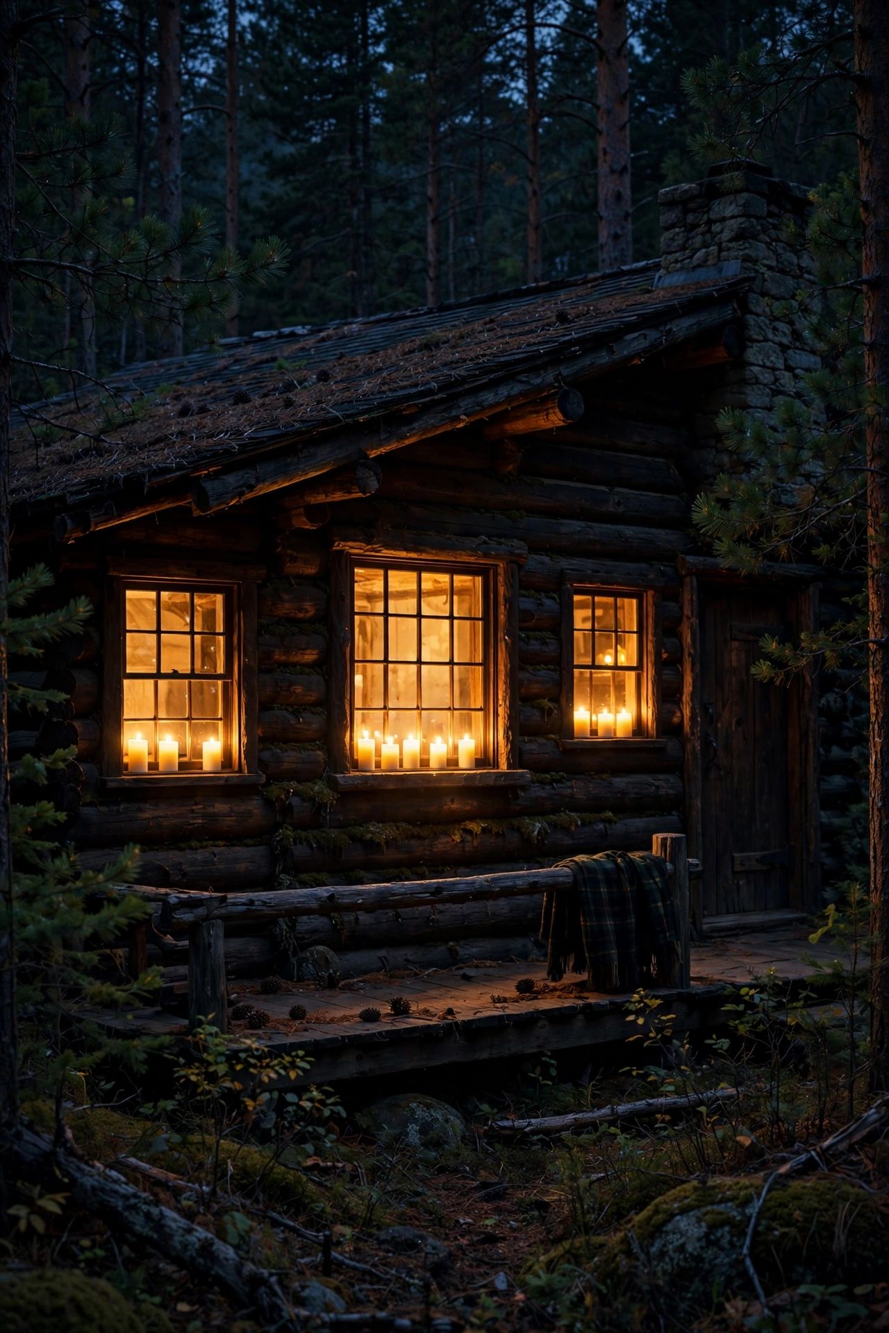 Warm LED candles glowing in the windows of a rustic log cabin at night